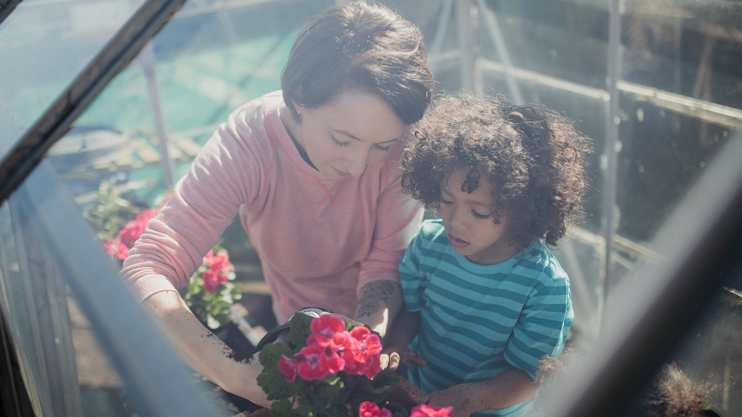 family tending to flowers in greenhouse