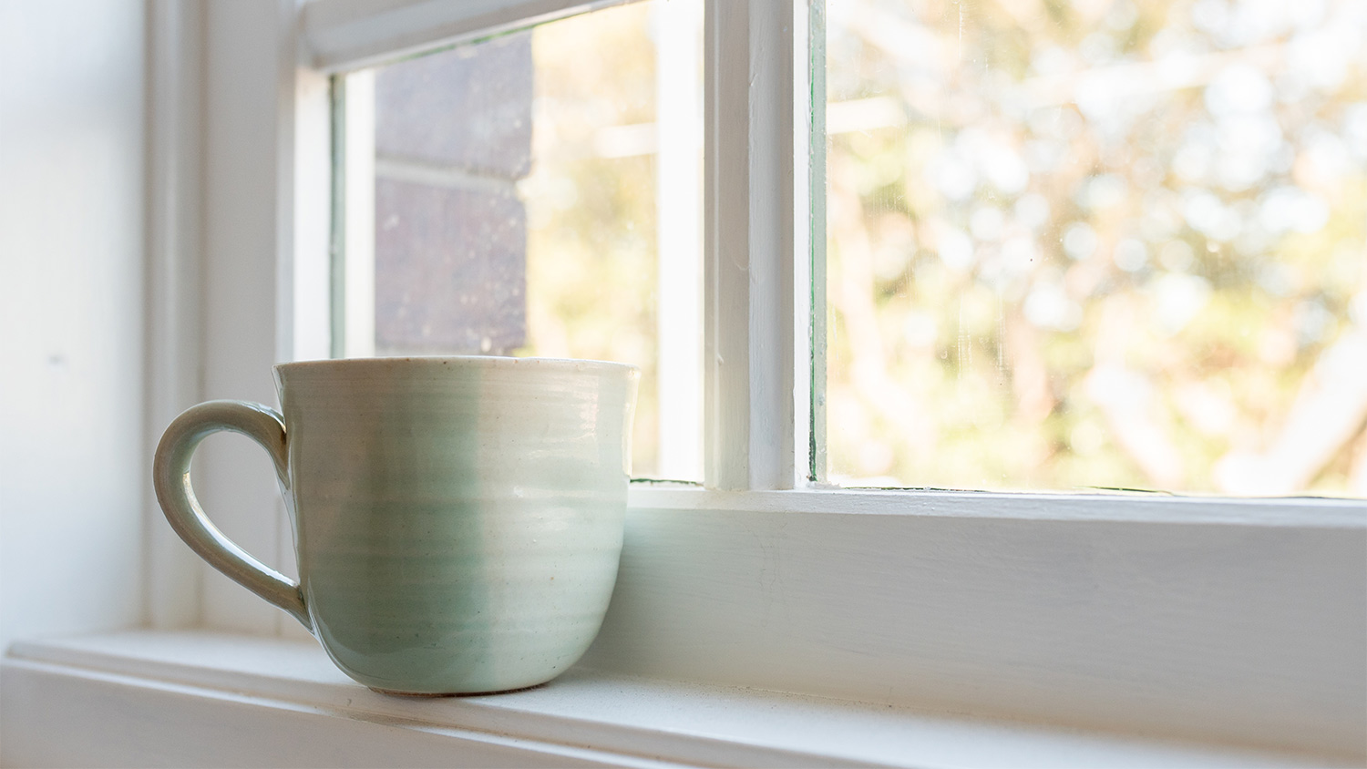 Mug sitting on white window sill