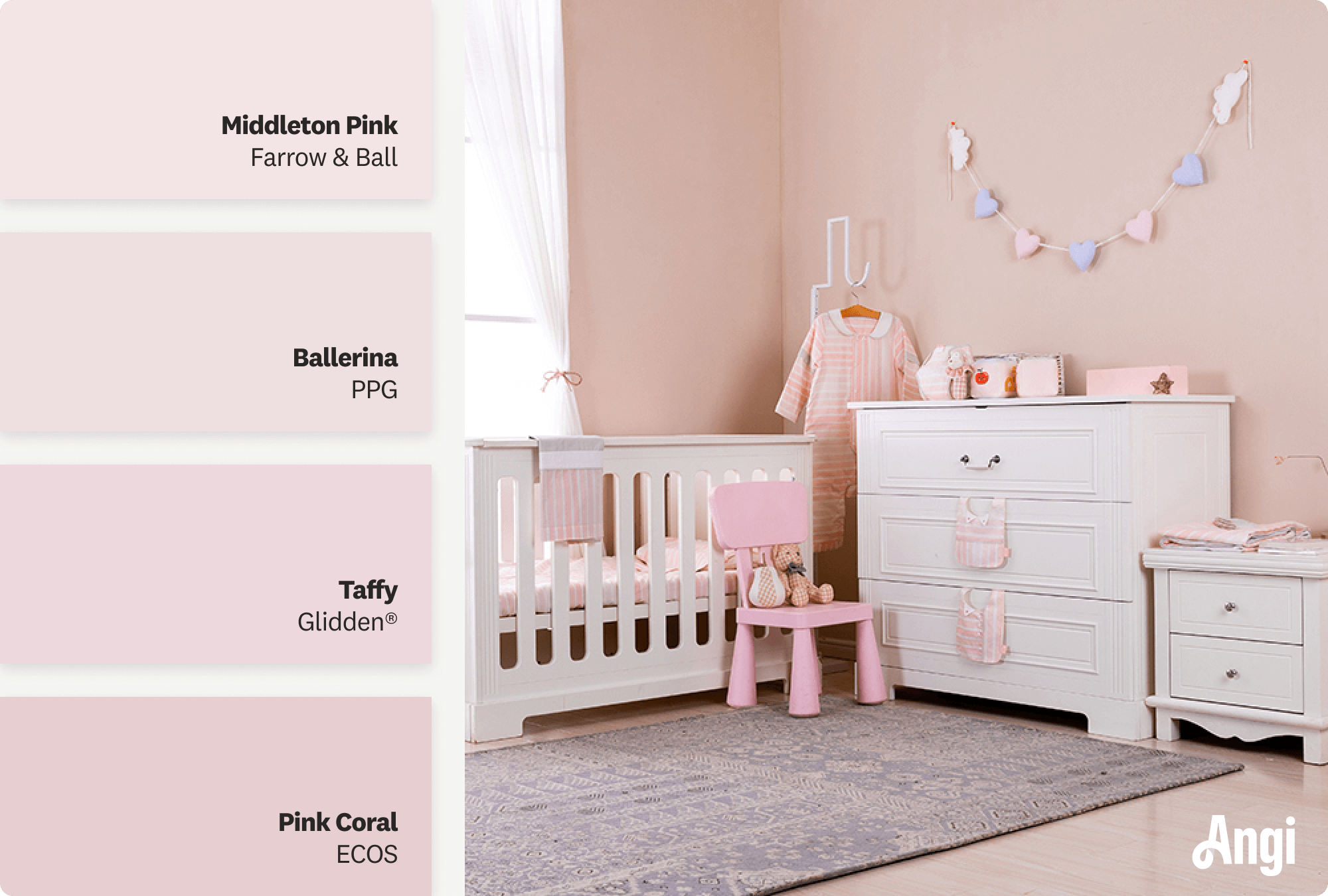 Pink nursery with white crib, including different tones of muted pink paint