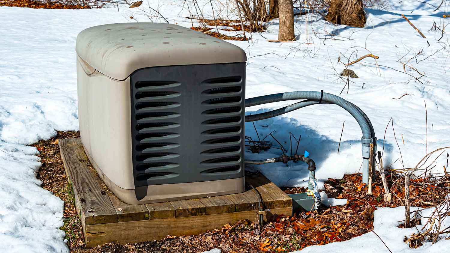 Whole house natural gas generator in a yard with snow