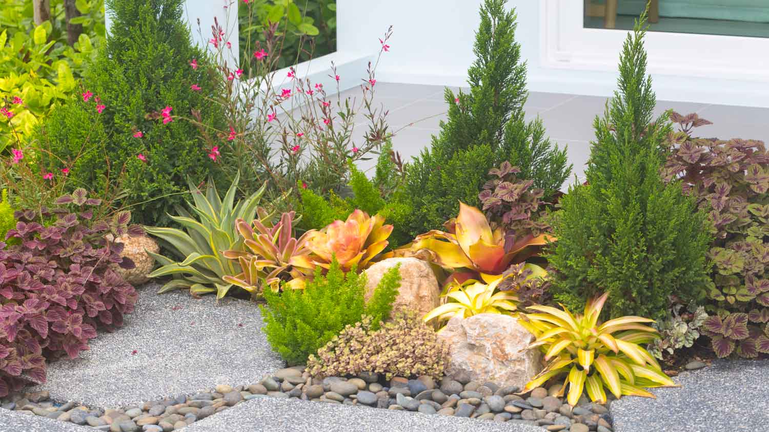 Natural landscaping with flowers and rocks in a backyard