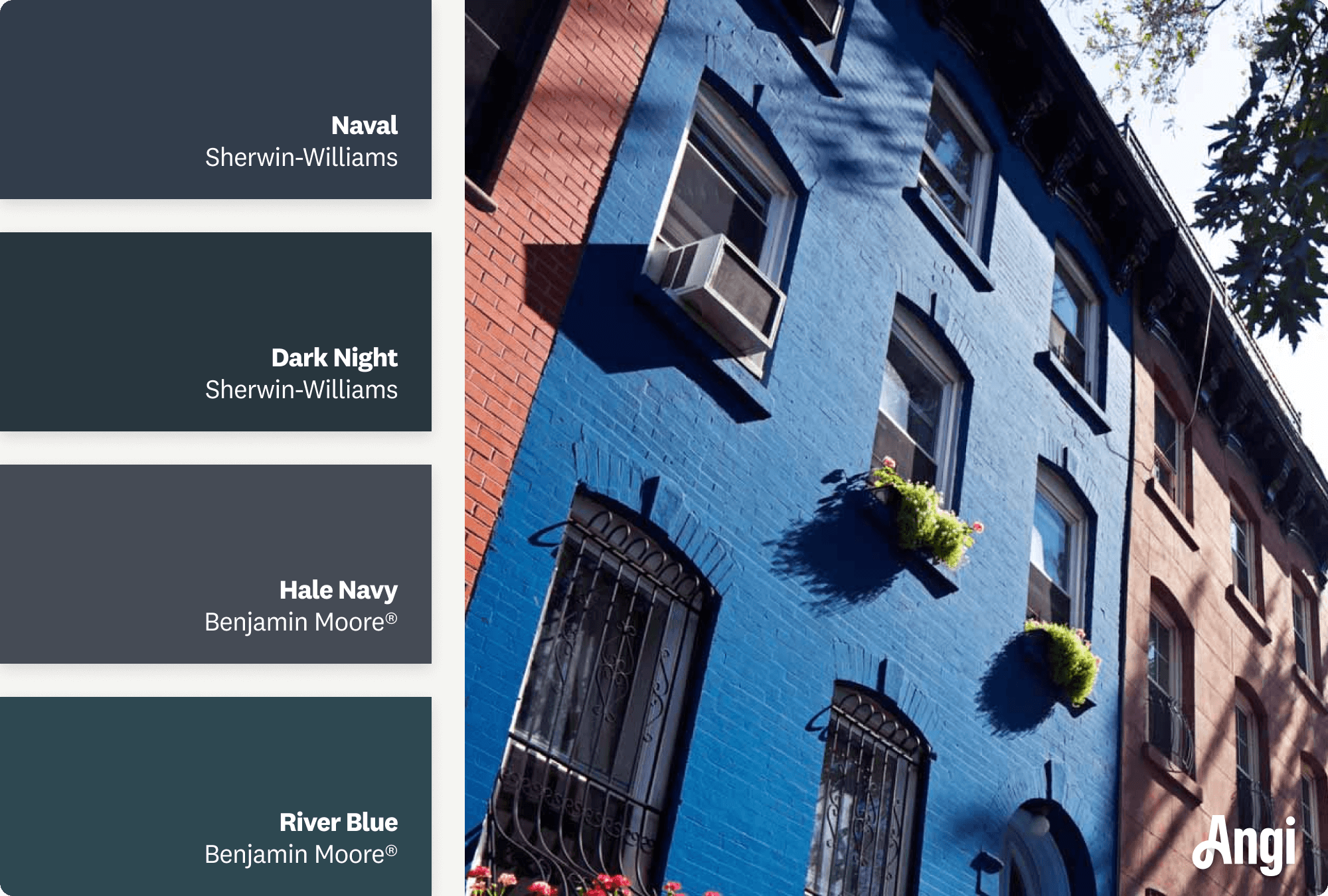 Blue brick house, including different tones of navy blue paint