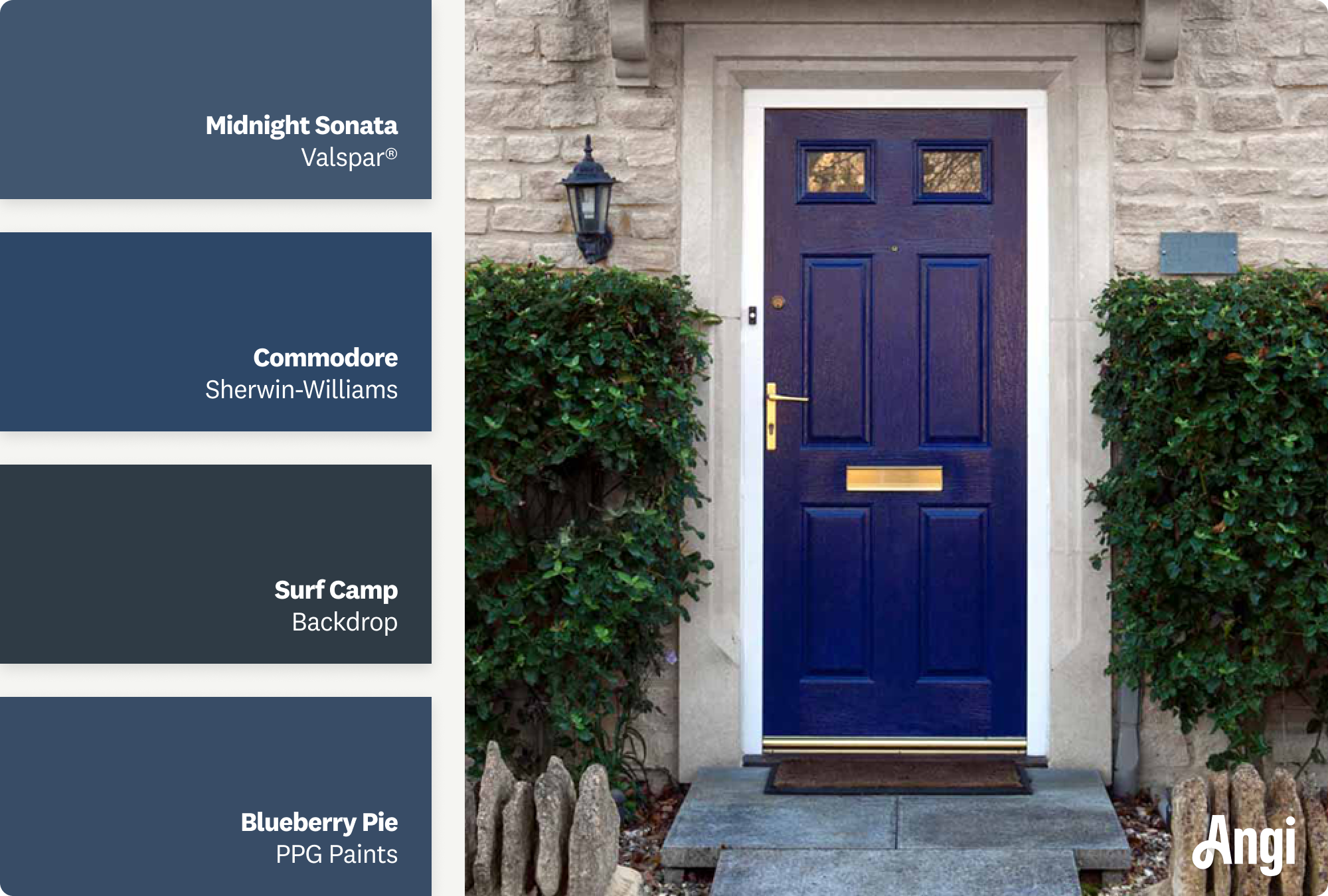 Gray brick house with navy blue front door, including different tones of navy blue paint