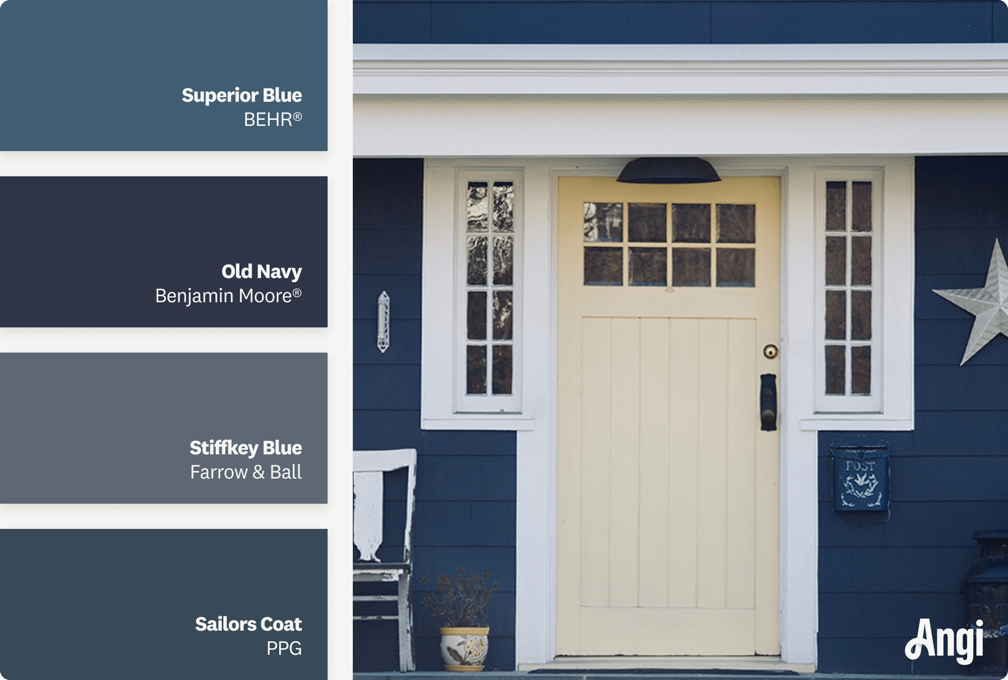 Navy blue home exterior, including different tones of navy blue paint