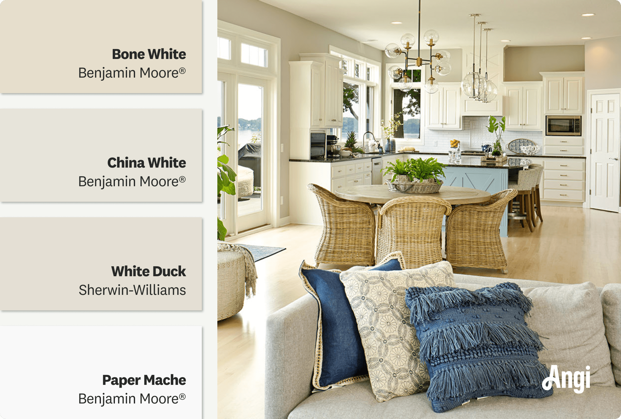 Neutral beige open concept living room dining area, including different tones of beige paint