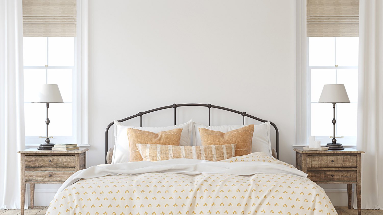 Neutral farmhouse bedroom interior