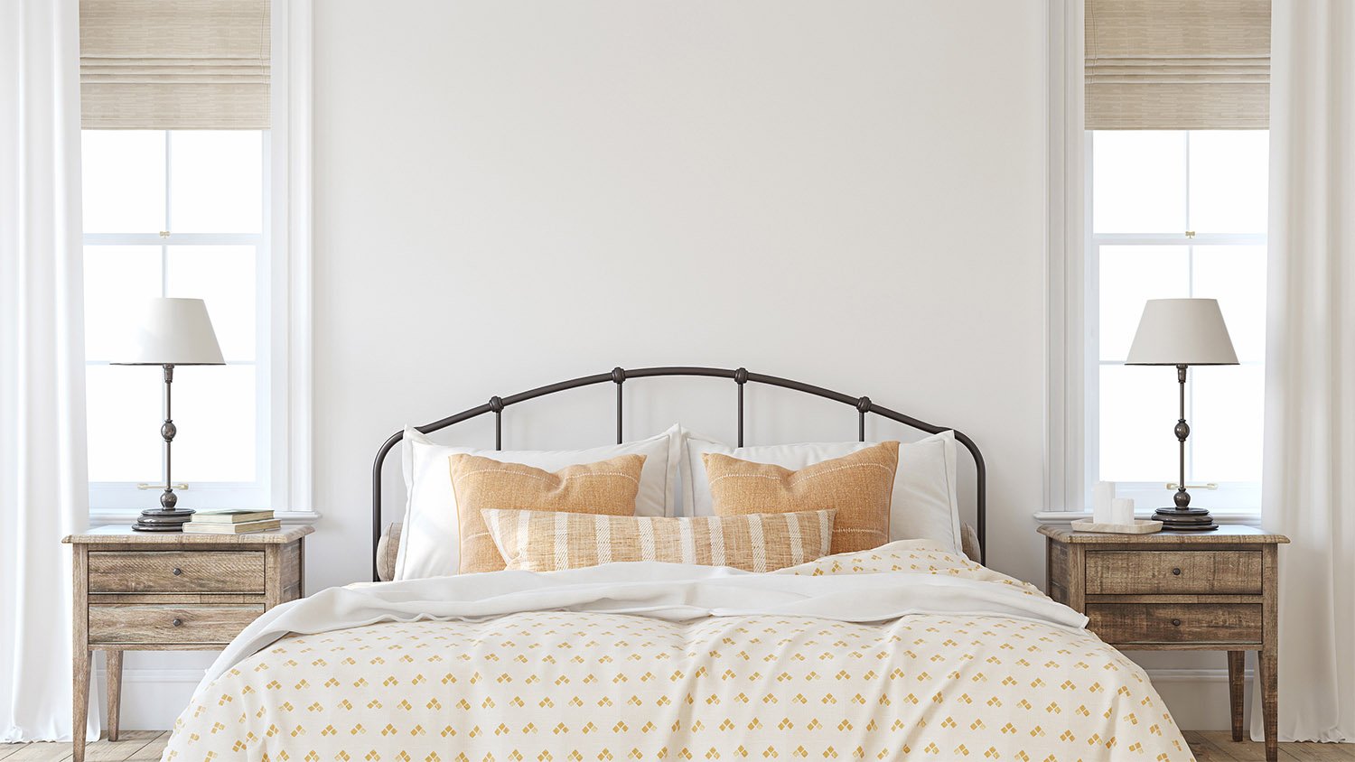 Neutral farmhouse bedroom interior 