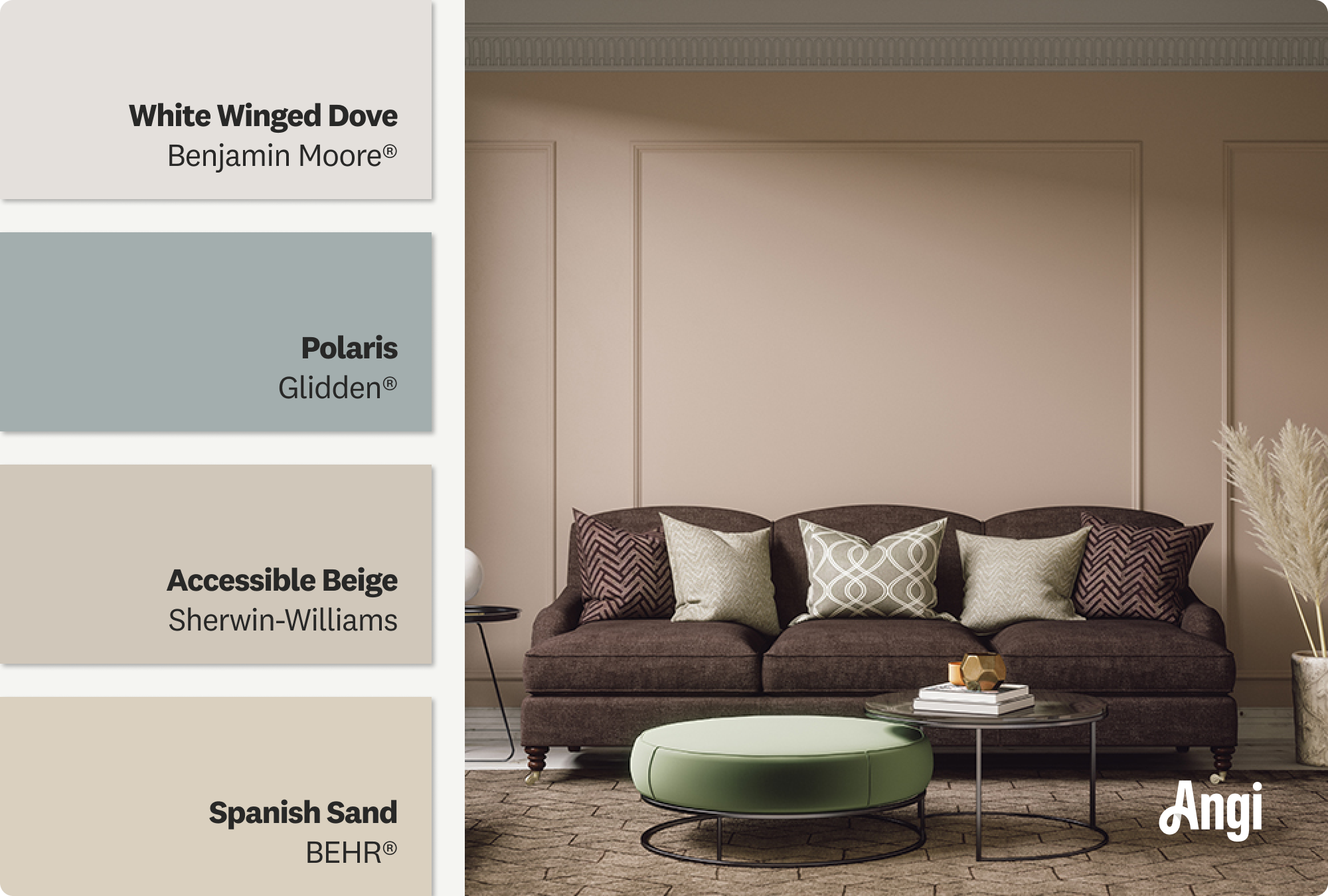 A neutral living room features a patterned rug and large couch, including neutral paint swatches