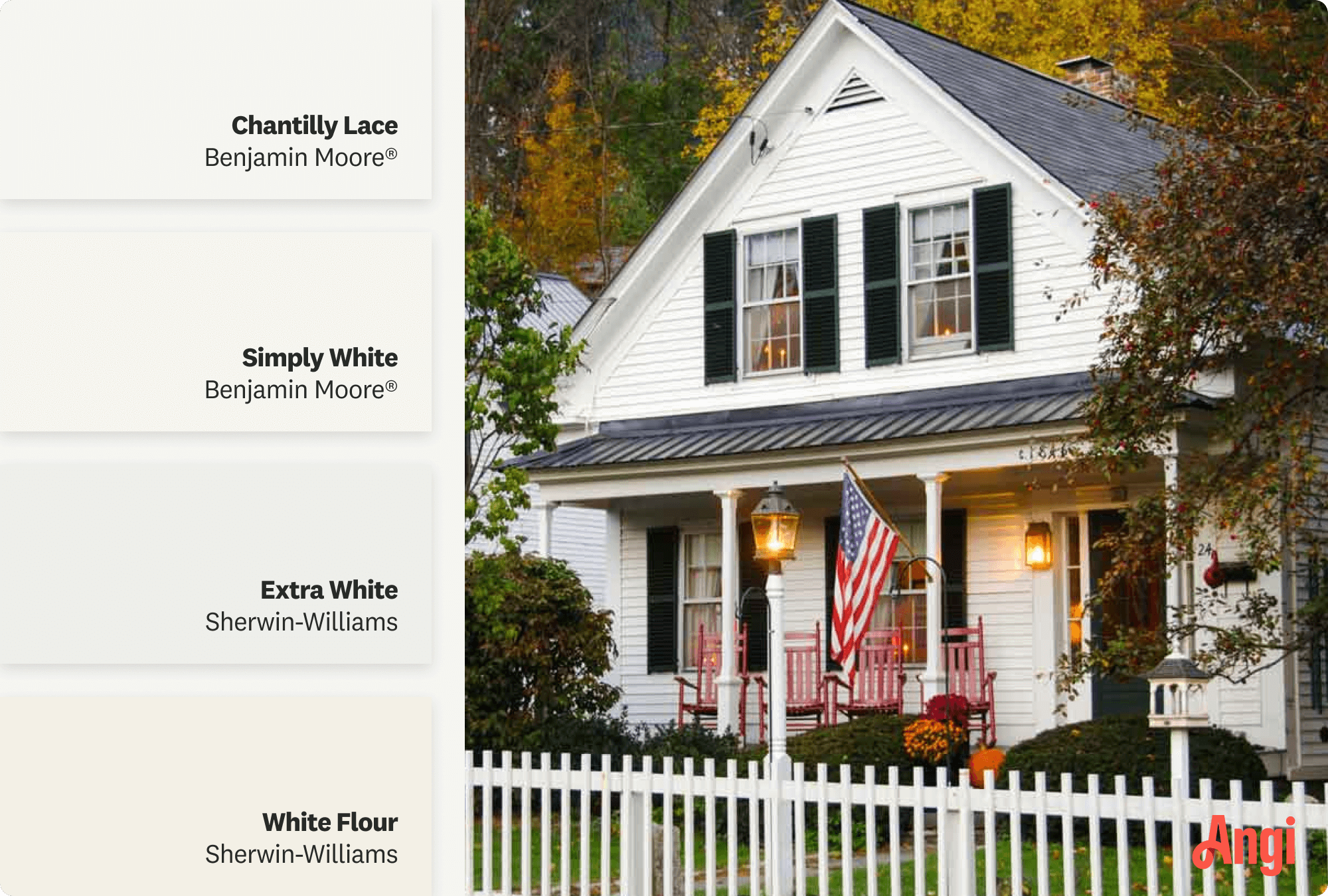 A house painted in a neutral white color with a picket fence, including different tones of neutral white paint