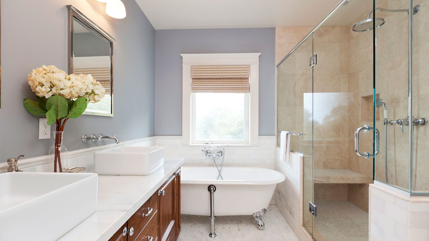 New bathroom with lavender wall and bathtub
