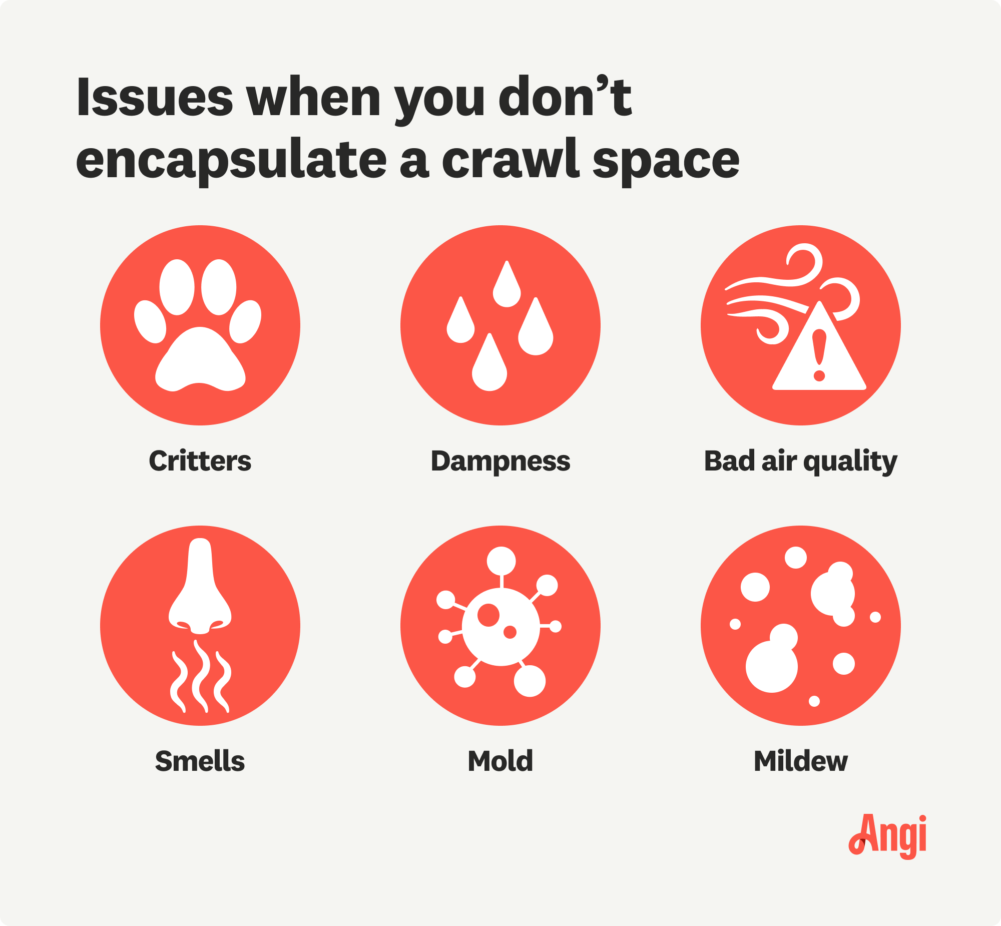 6 non-encapsulated crawl space issues, including dampness, smells, and bad air quality