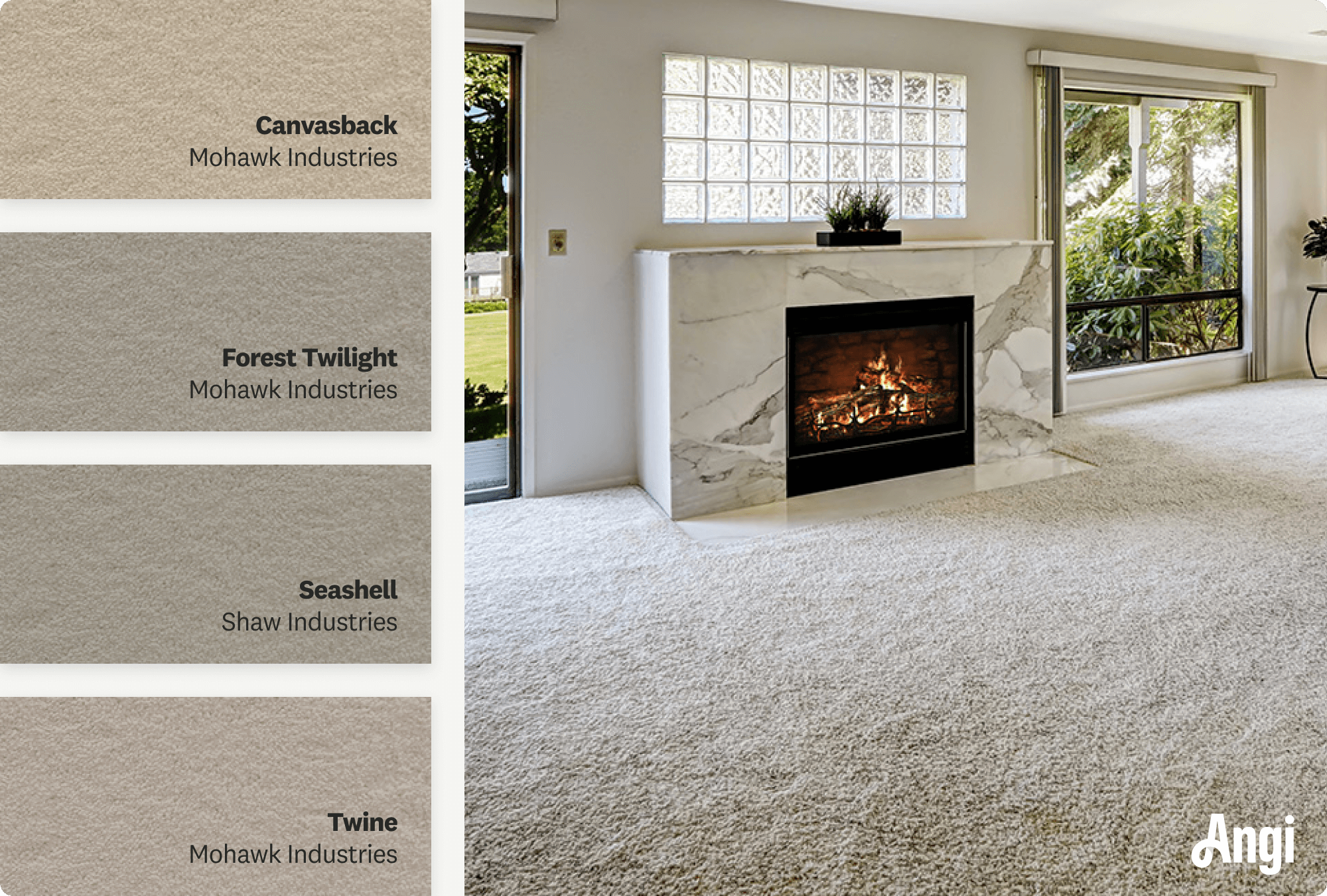 4 off-white carpet colors compared, with an example of a bright living room with off-white carpet