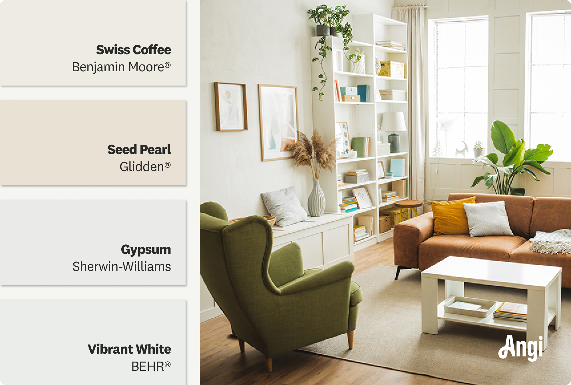 A modern living room with a neutral color palette featuring a cozy sofa and large windows, including off white paint swatches