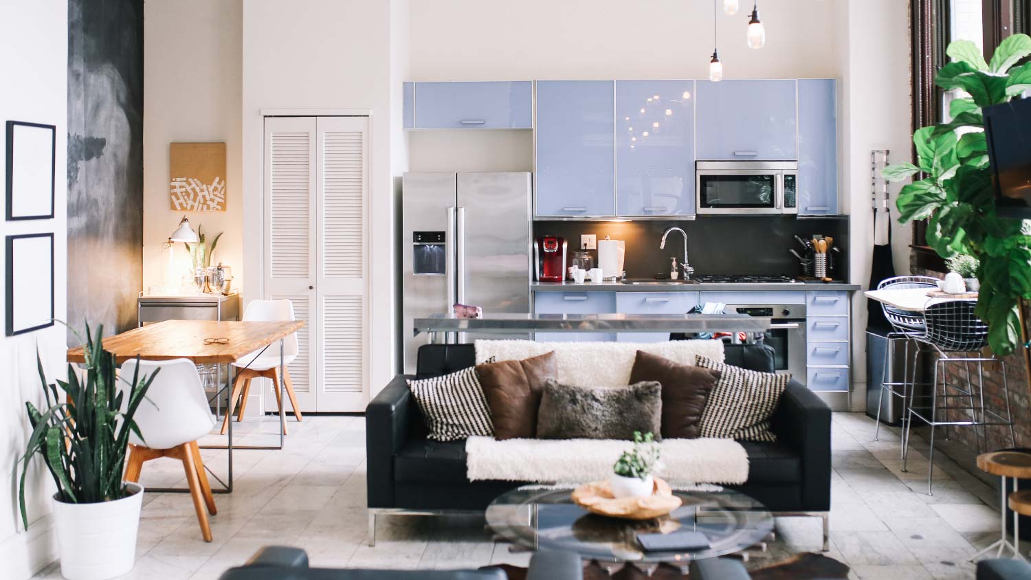 open living space with blue kitchen