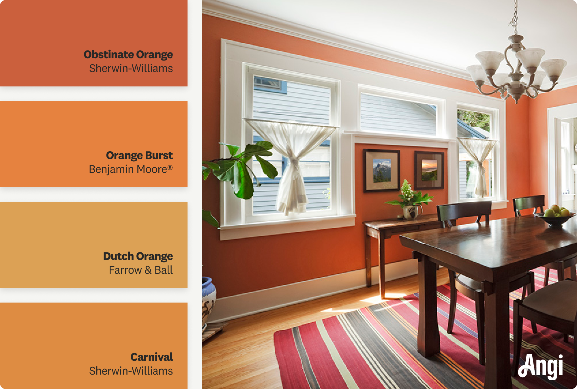 Dining room with orange walls and white trim, including different tones of orange paint