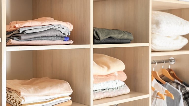 Detail of an organized closet with clothes