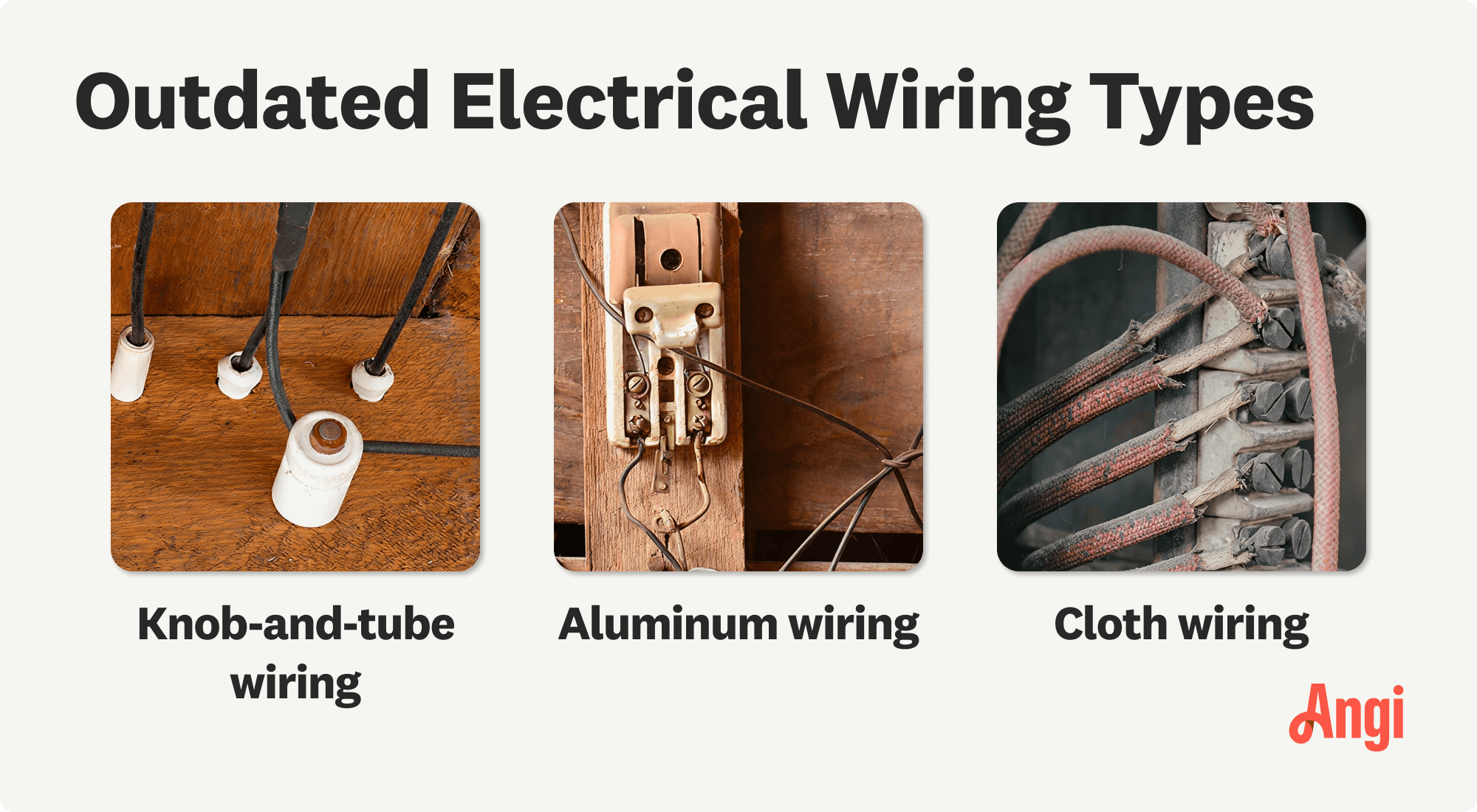 3 types of outdated electrical wiring types compared visually, including knob-and-tube and aluminum wiring