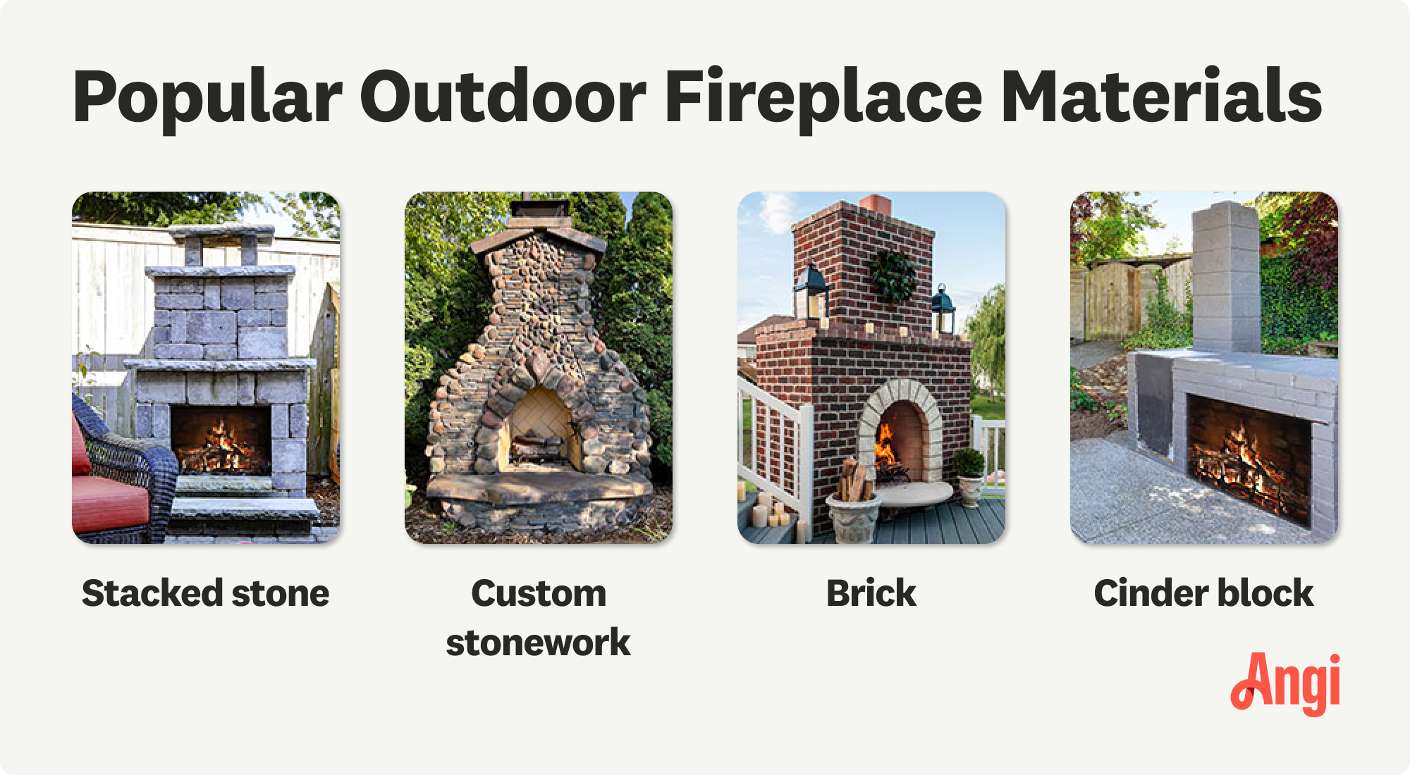 4 popular outdoor fireplace materials compared visually, including stacked stone and brick