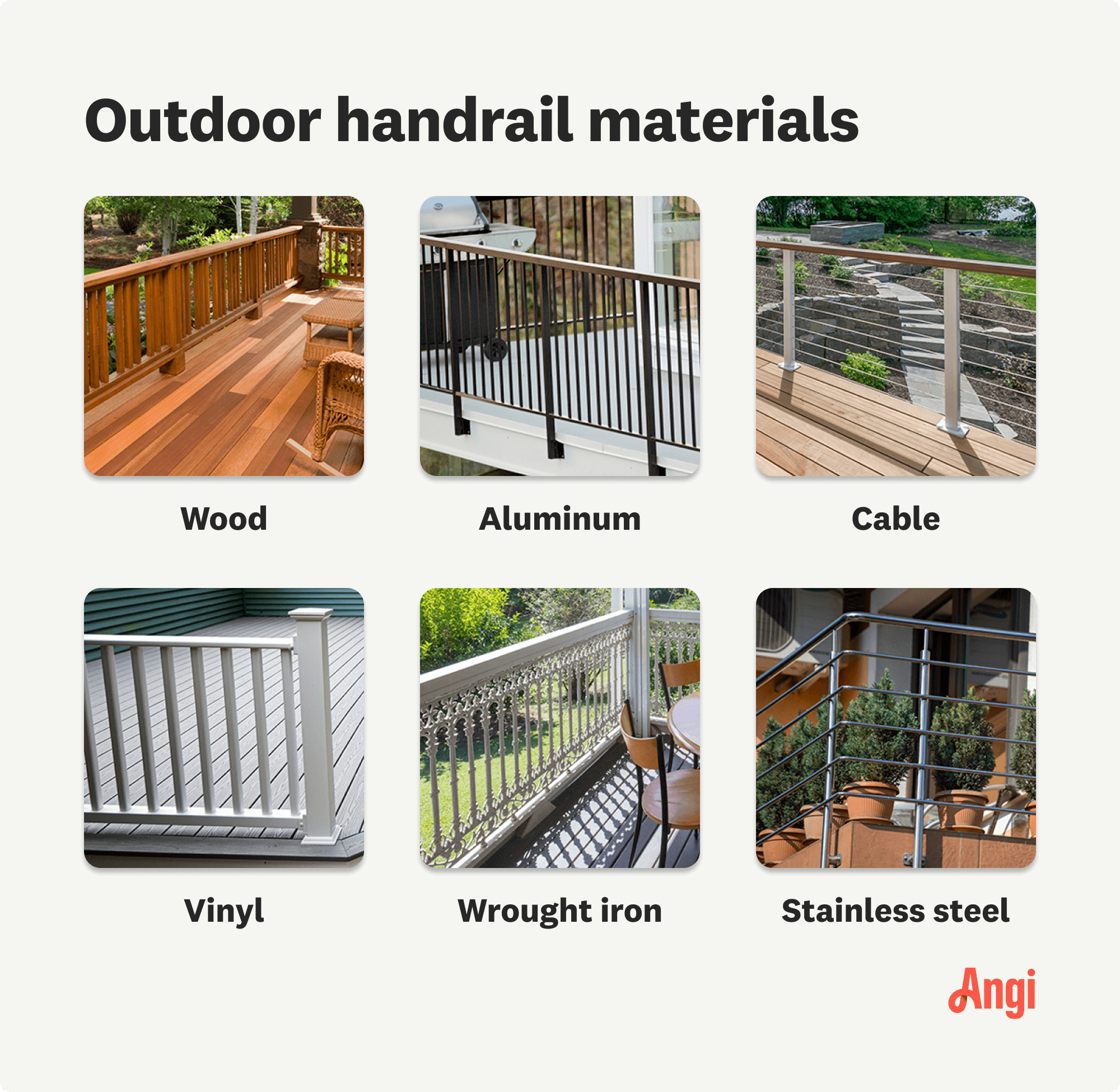 6 outdoor handrail materials compared visually, including wood, cable, and vinyl Photo credit: