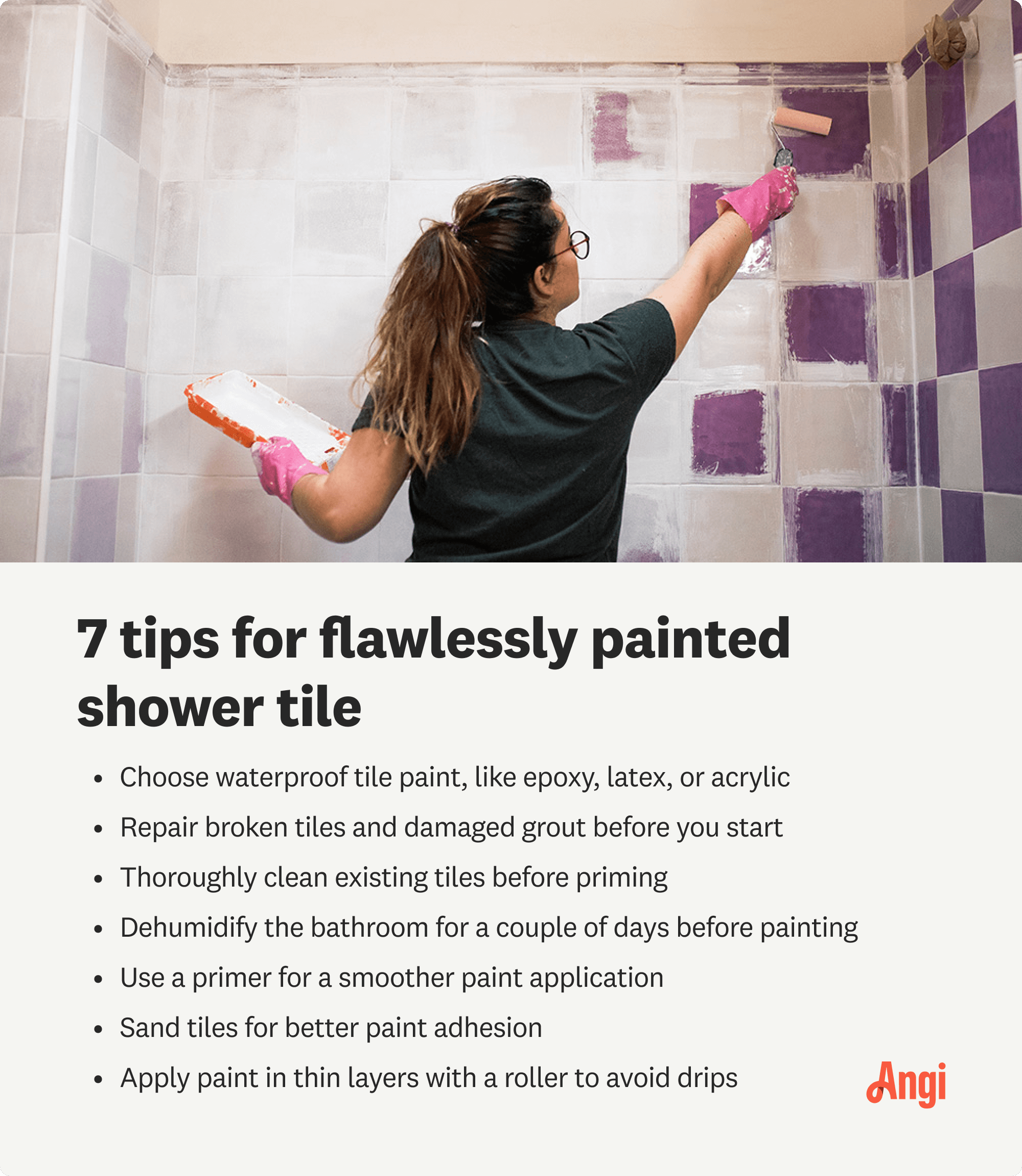 7 flawlessly painted shower tile tips, including choosing the right kind of paint and sanding tiles for better adhesion