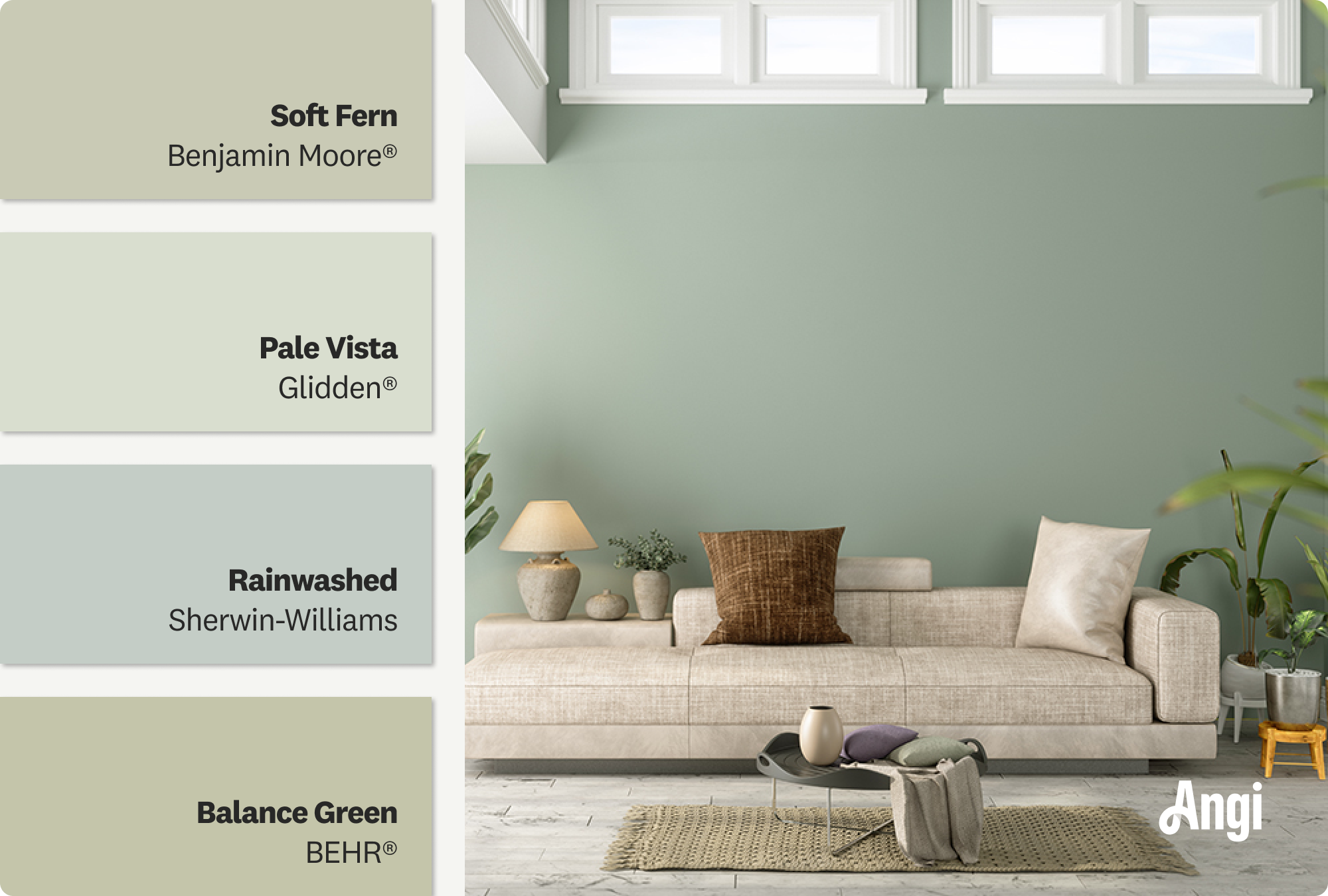 A modern living room with pale green walls, wooden furniture, and green plants, including pale green paint swatches