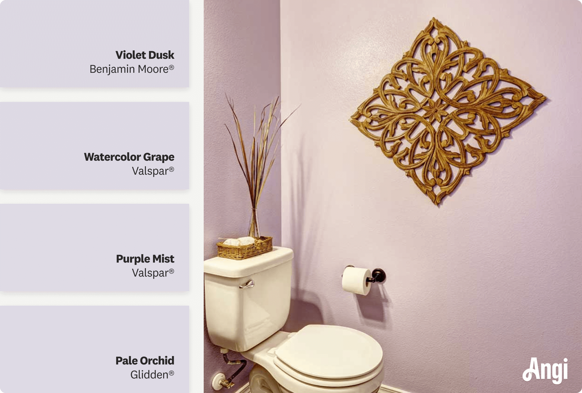 Bathroom with pale violet walls, including different tones of pale violet paint