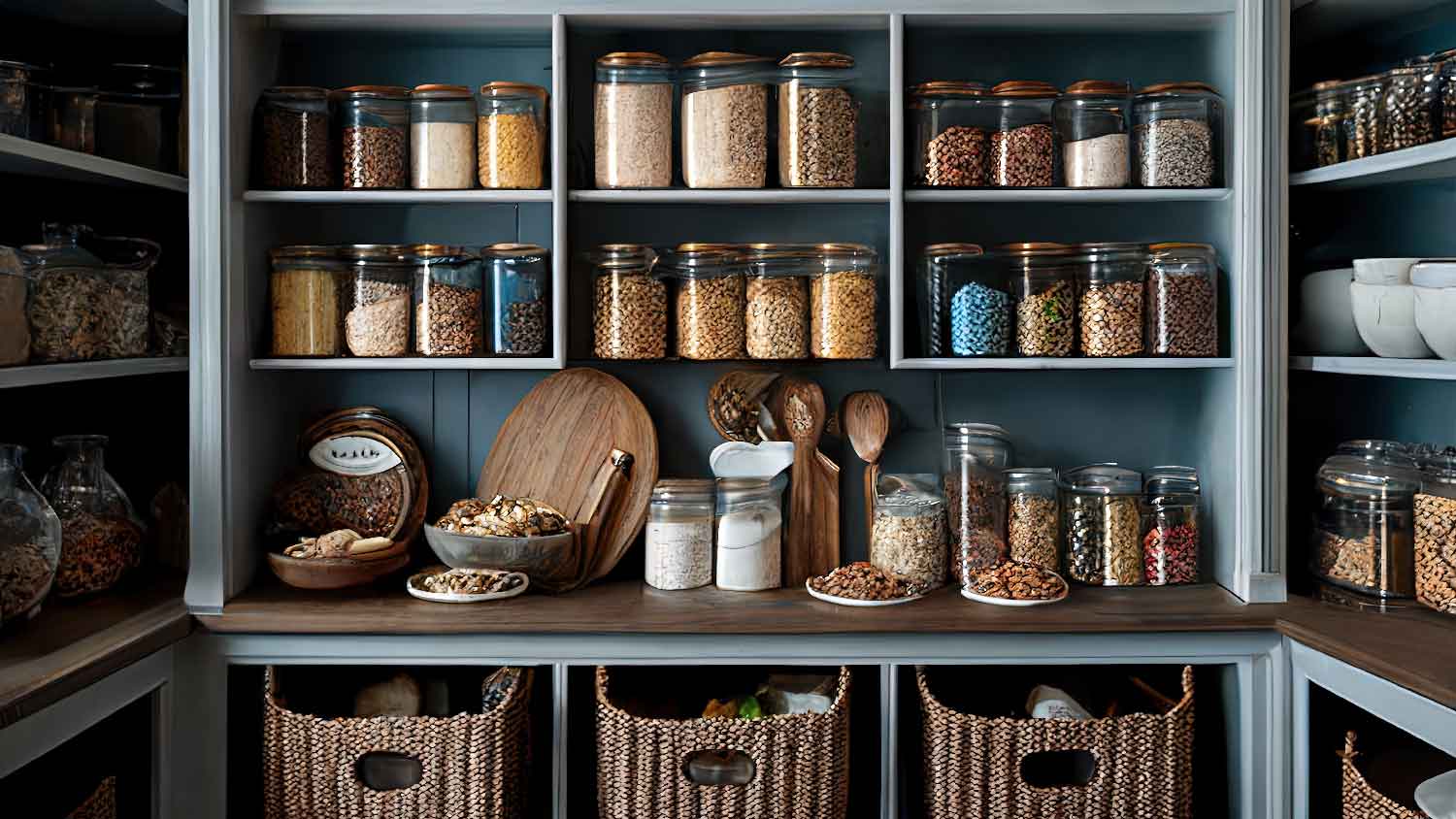 A pantry organized with mason jars for foor storage