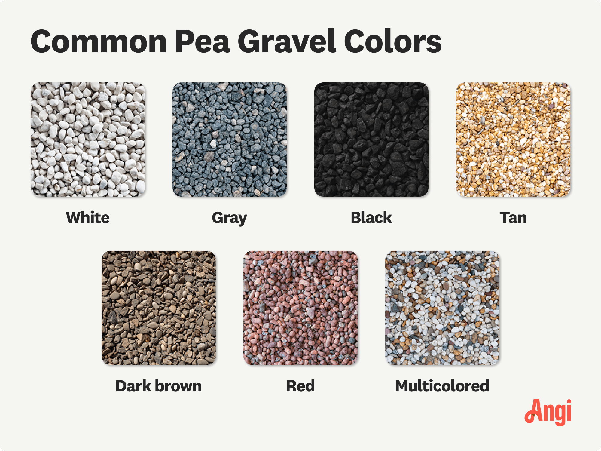 7 common pea gravel colors compared visually, including white, tan, and multicolored