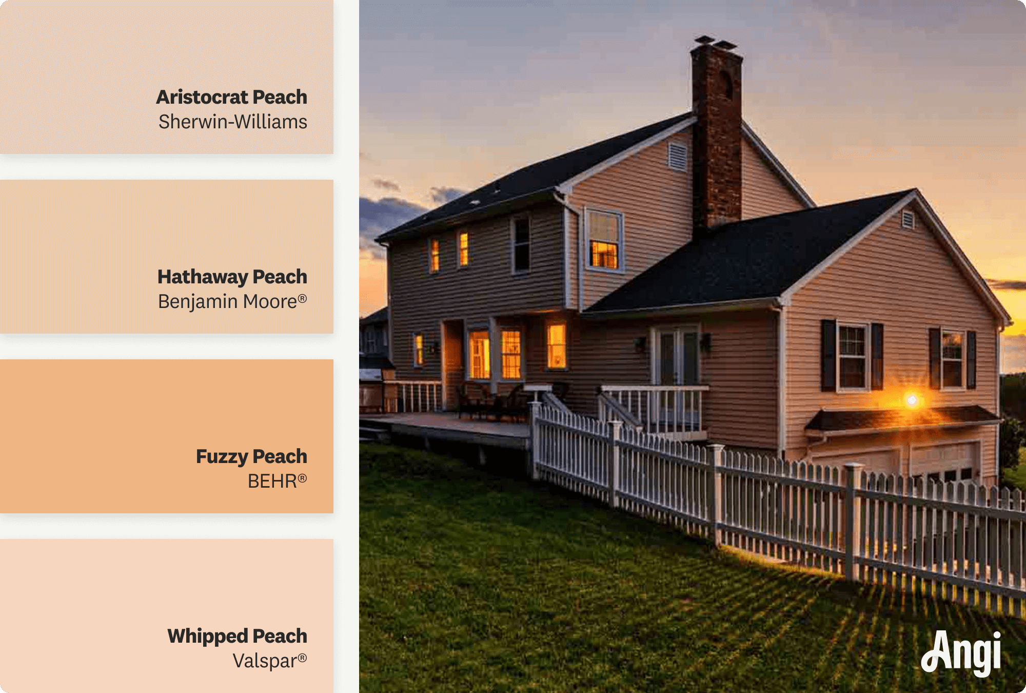 Peach colonial home at sunset, including different tones of peach paint