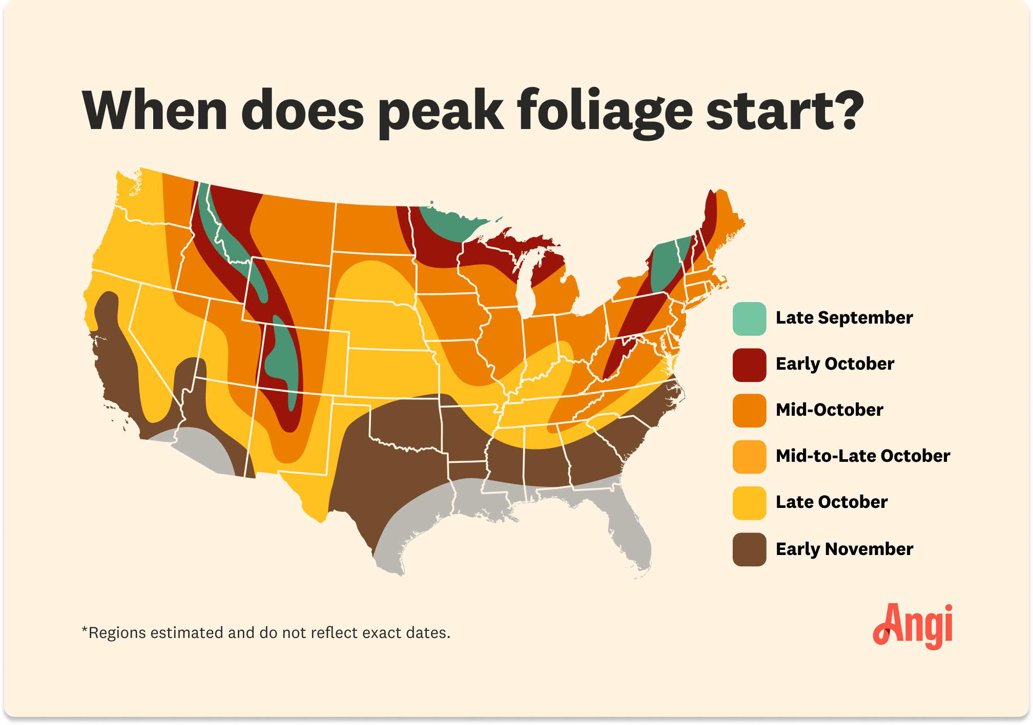 Map of the continental United States of America and when peak foliage starts