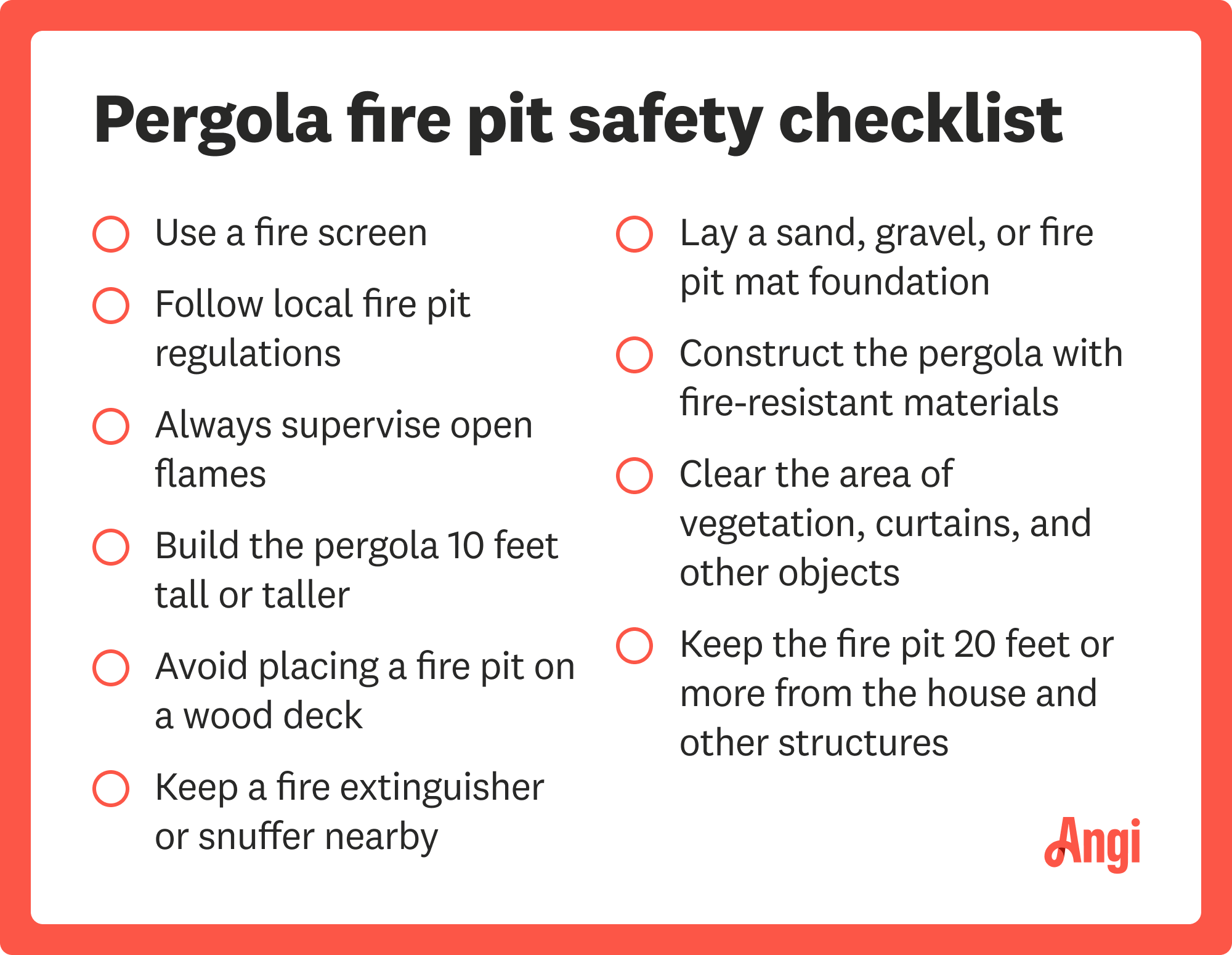 Pergola fire pit safety checklist, including always supervise open flames and use a fire screen