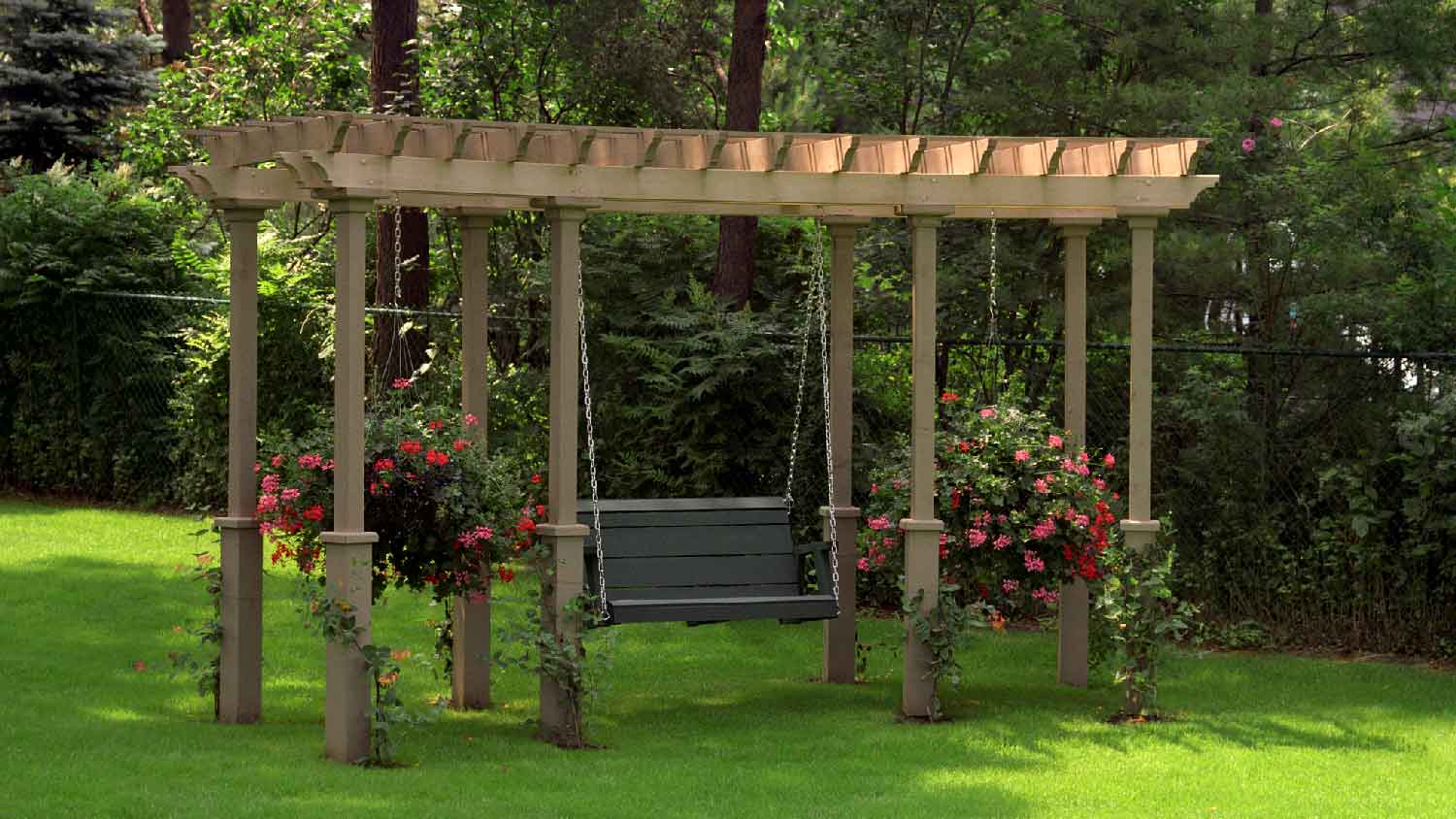 A pergola with a wooden swing seat