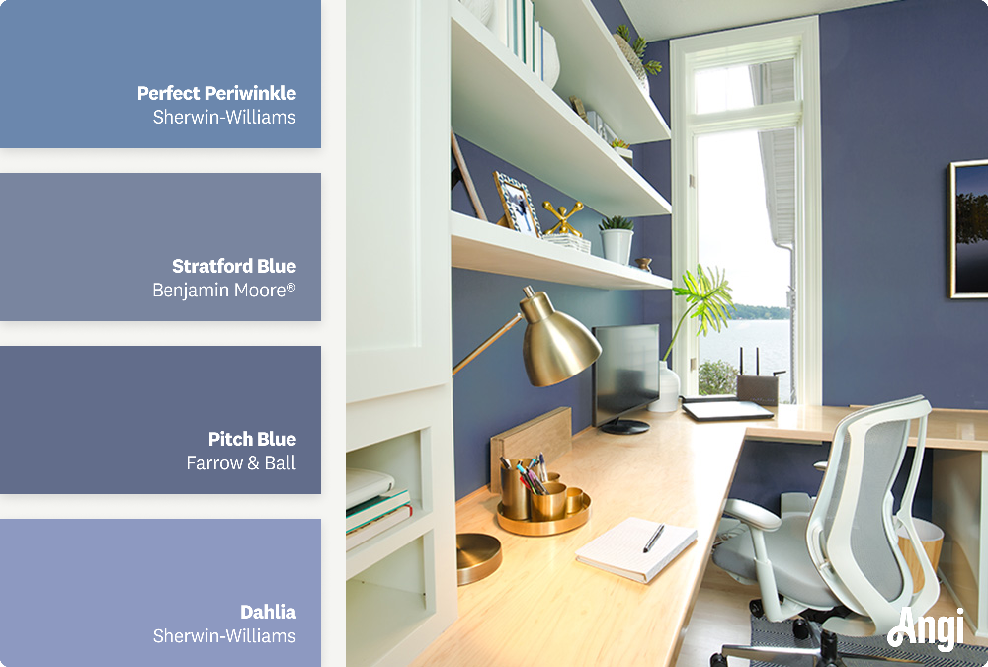 Office with periwinkle walls and white trim, including different tones of periwinkle paint