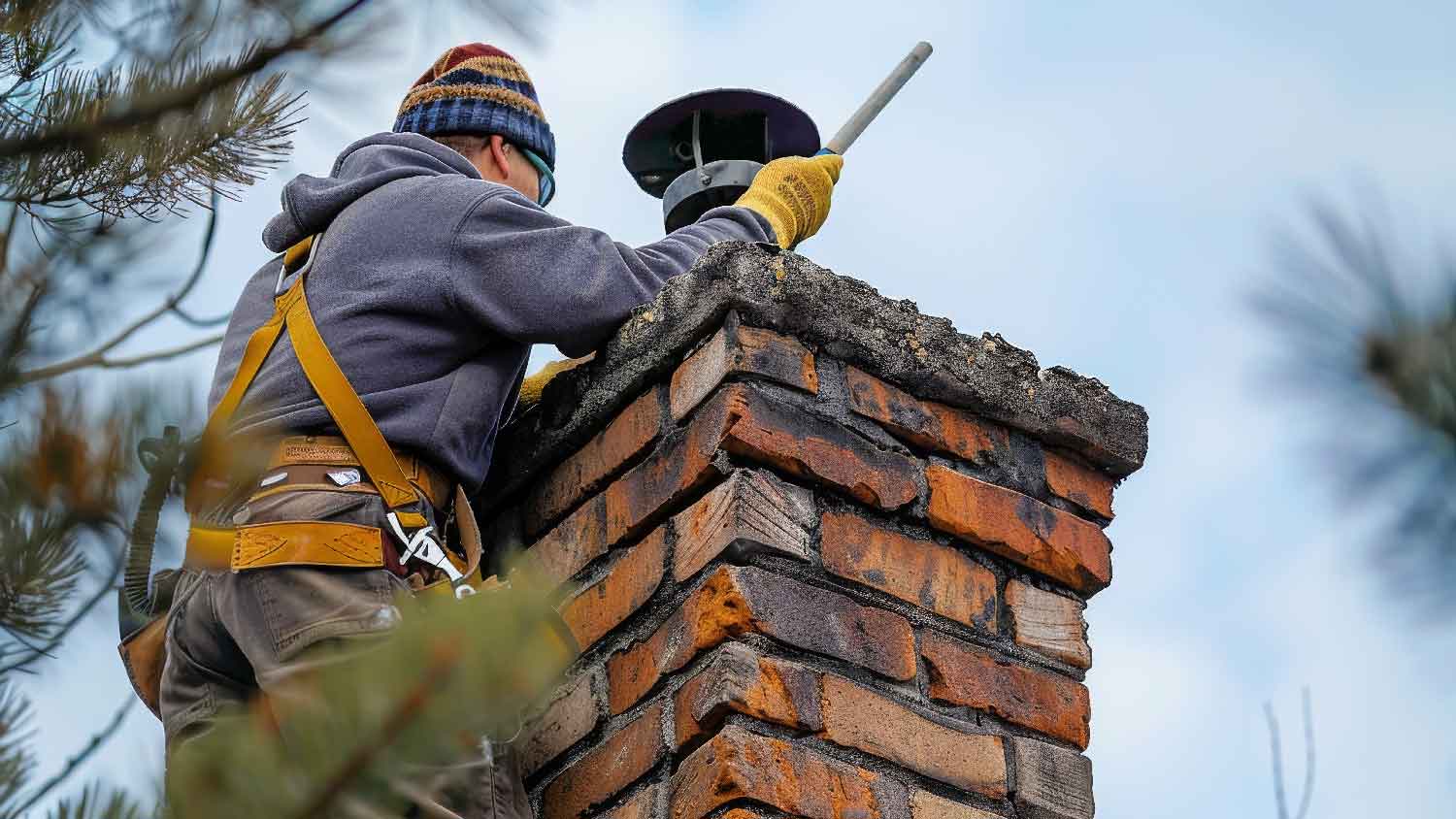 A person cleaning a chimney made of brick