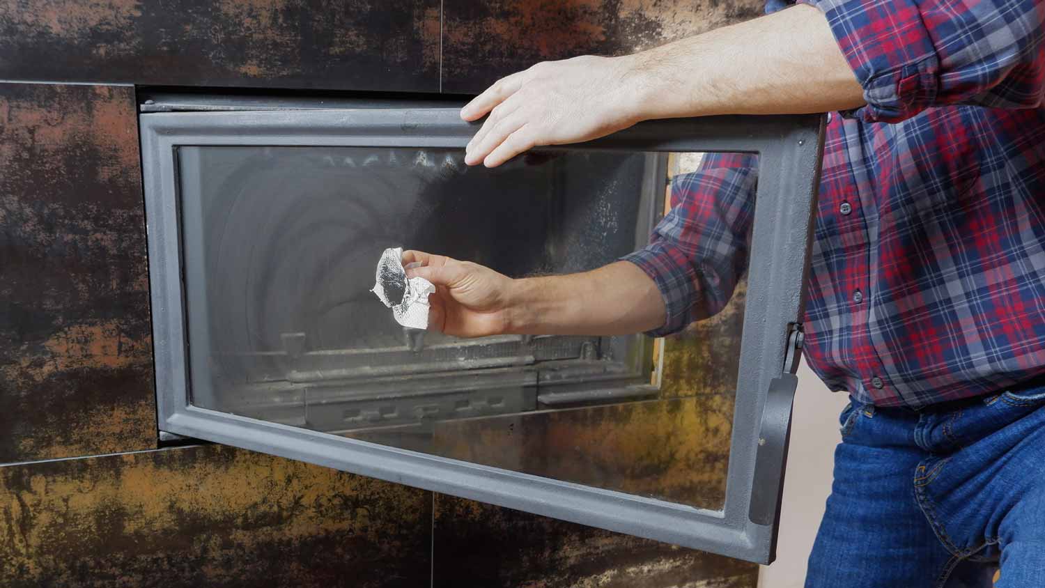 A person cleaning the fireplace’s glass