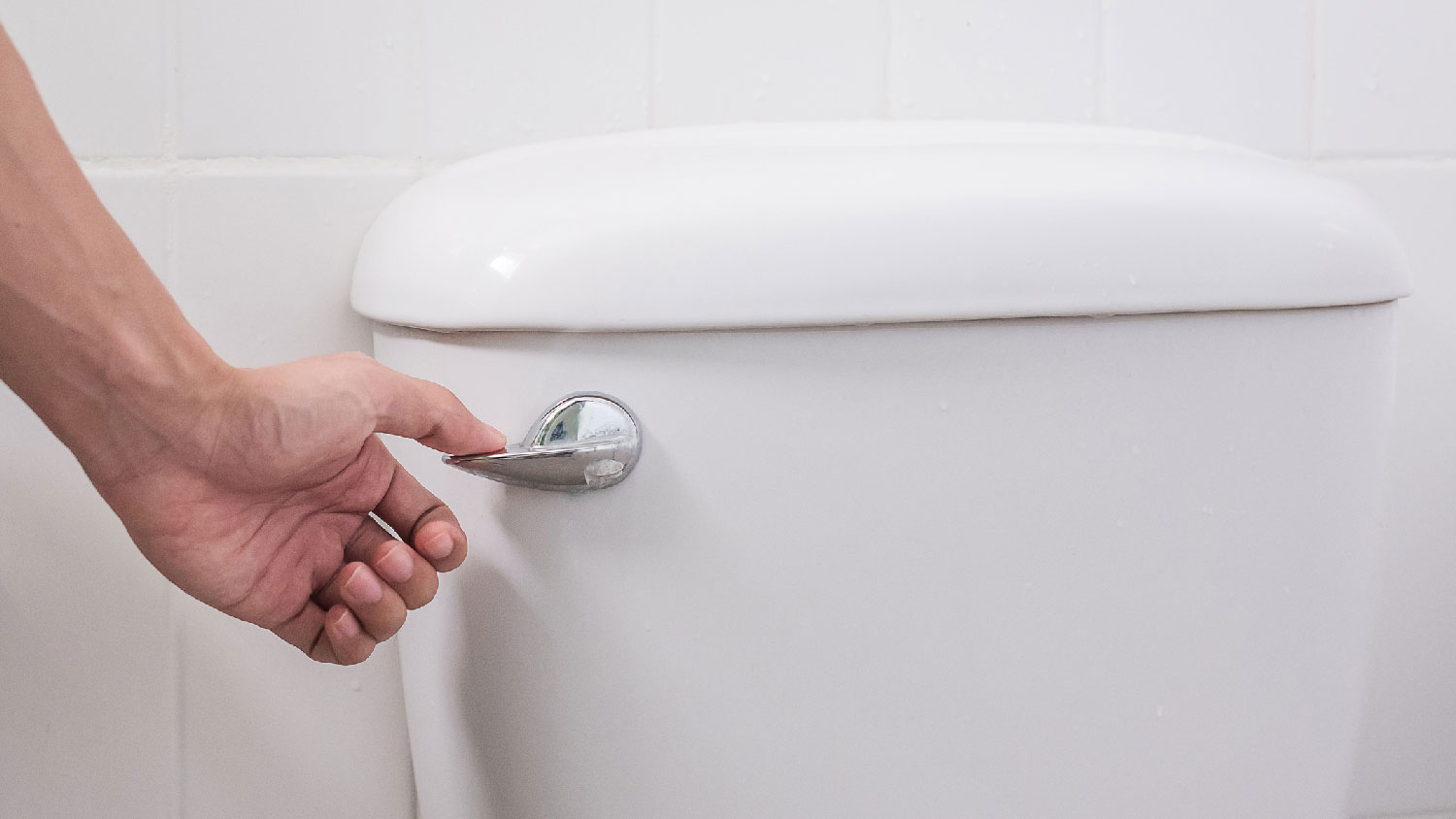 A person flushing the toilet