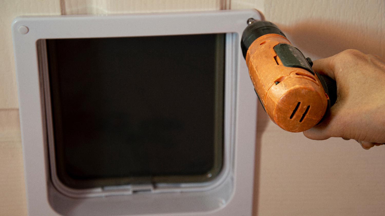 A person installing a pet door