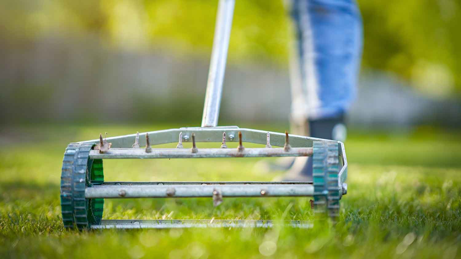 Person using a lawn aerator in the backyard