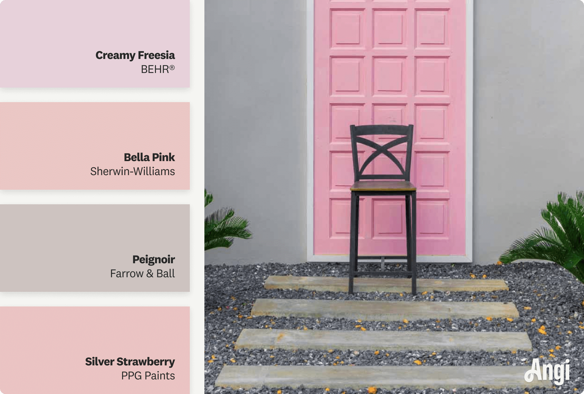 Gray house with pink door, including different tones of pink paint