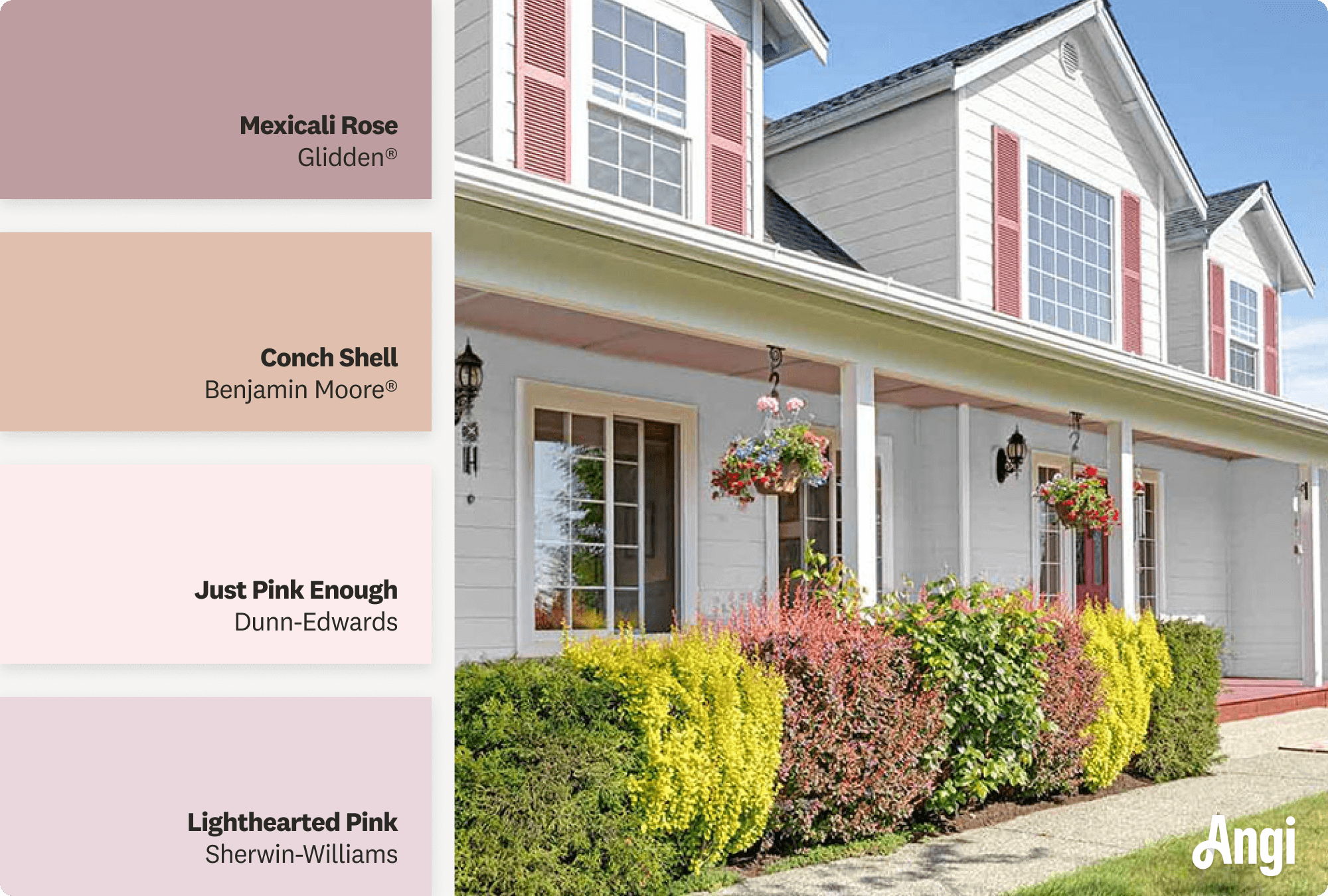 Country house with porch and pink window shutters, including different tones of pink paint