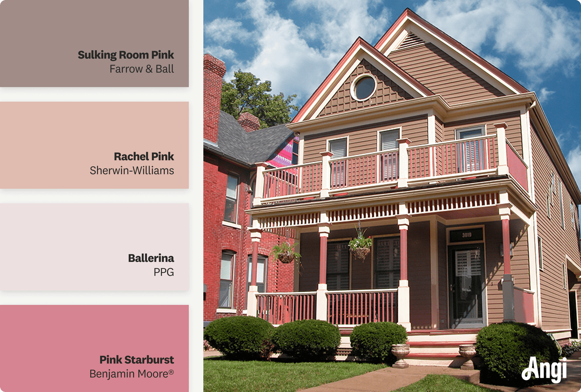 Brown house with pink trim work including different tones of pink paint