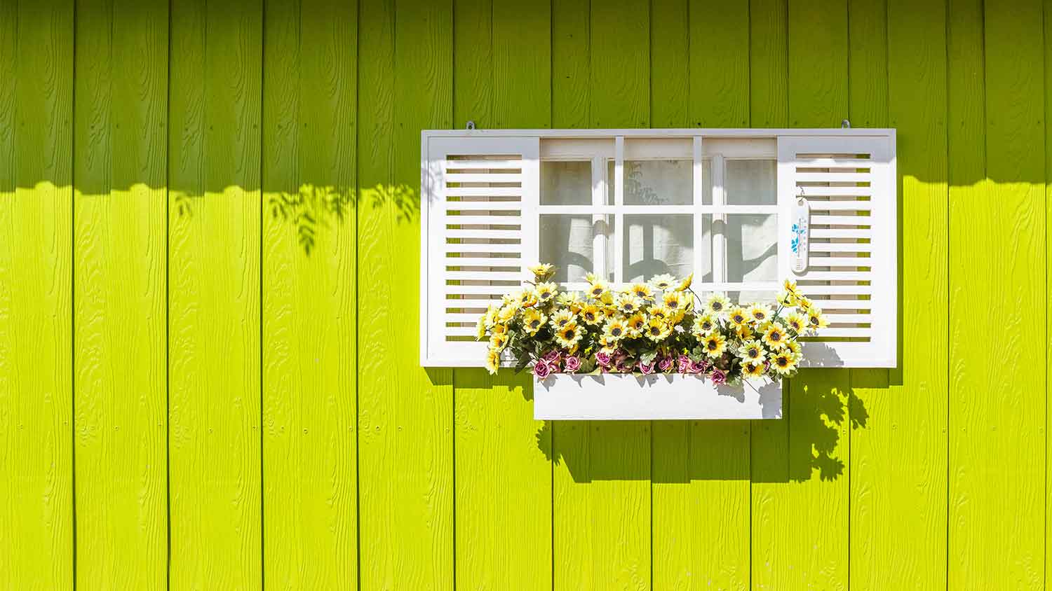 Plastic window shutters installed on a bright green house