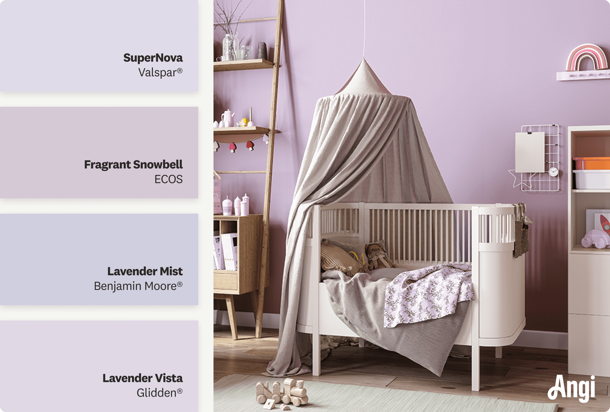 Purple nursery with toddler bed, including different tones of playful lavender paint