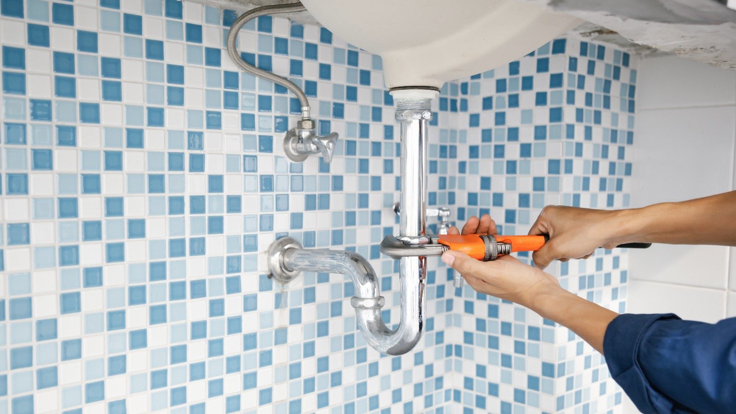 plumber working on bathroom pipes