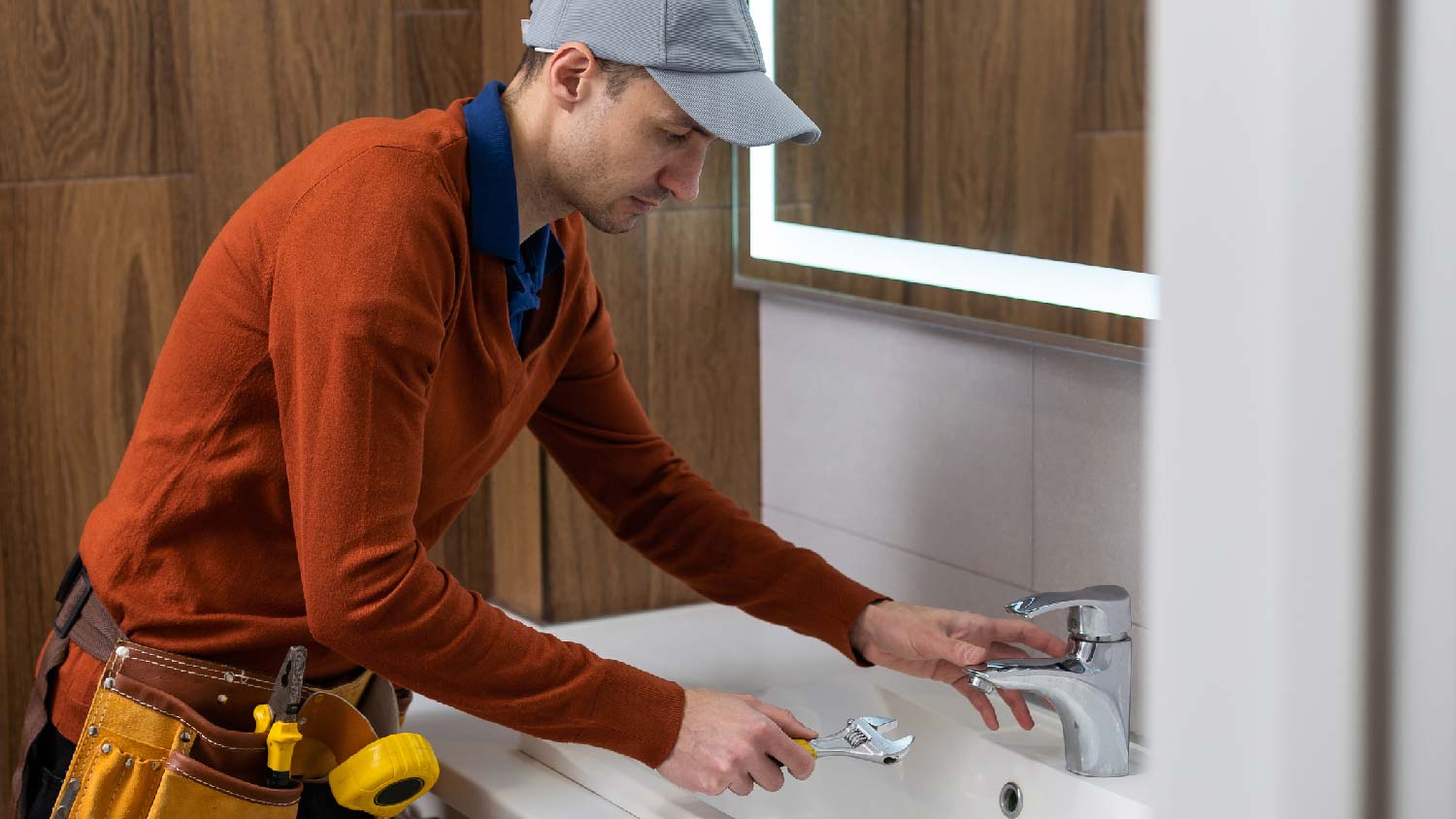 A plumber repairing a bathroom faucet