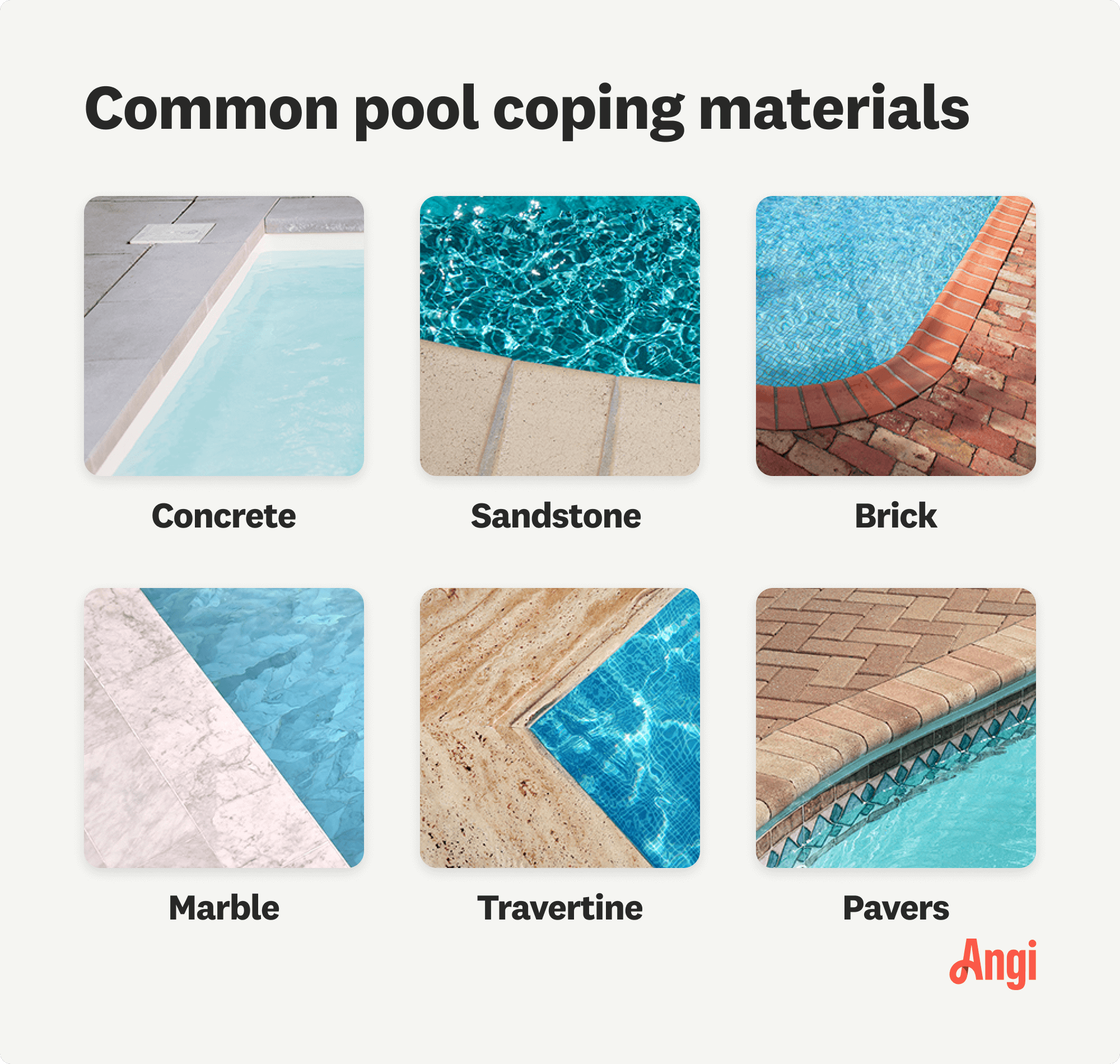 6 pool coping materials compared visually, including concrete, brick, and travertine