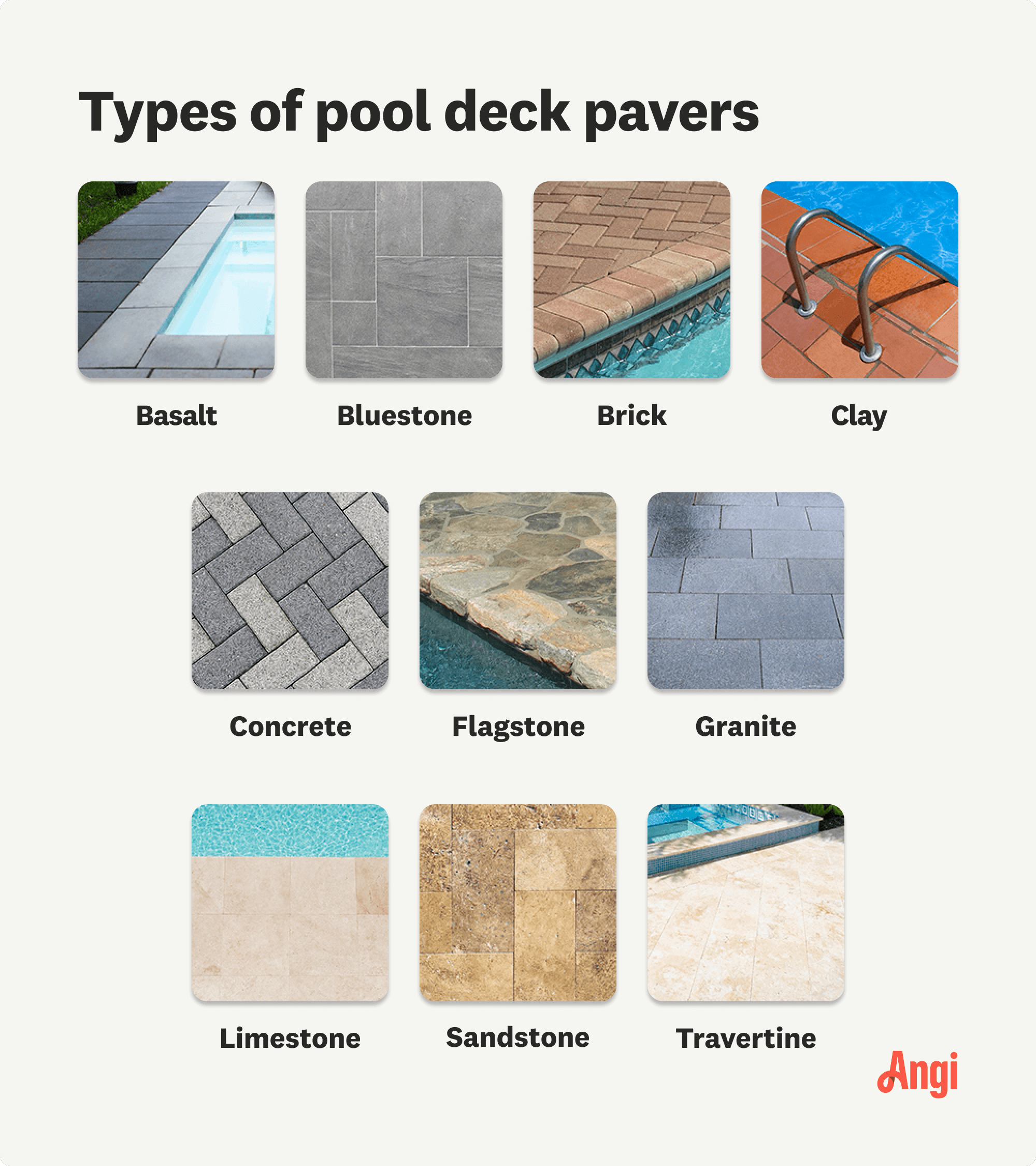 10 pool deck paver types compared visually, including basalt, brick, granite, and limestone