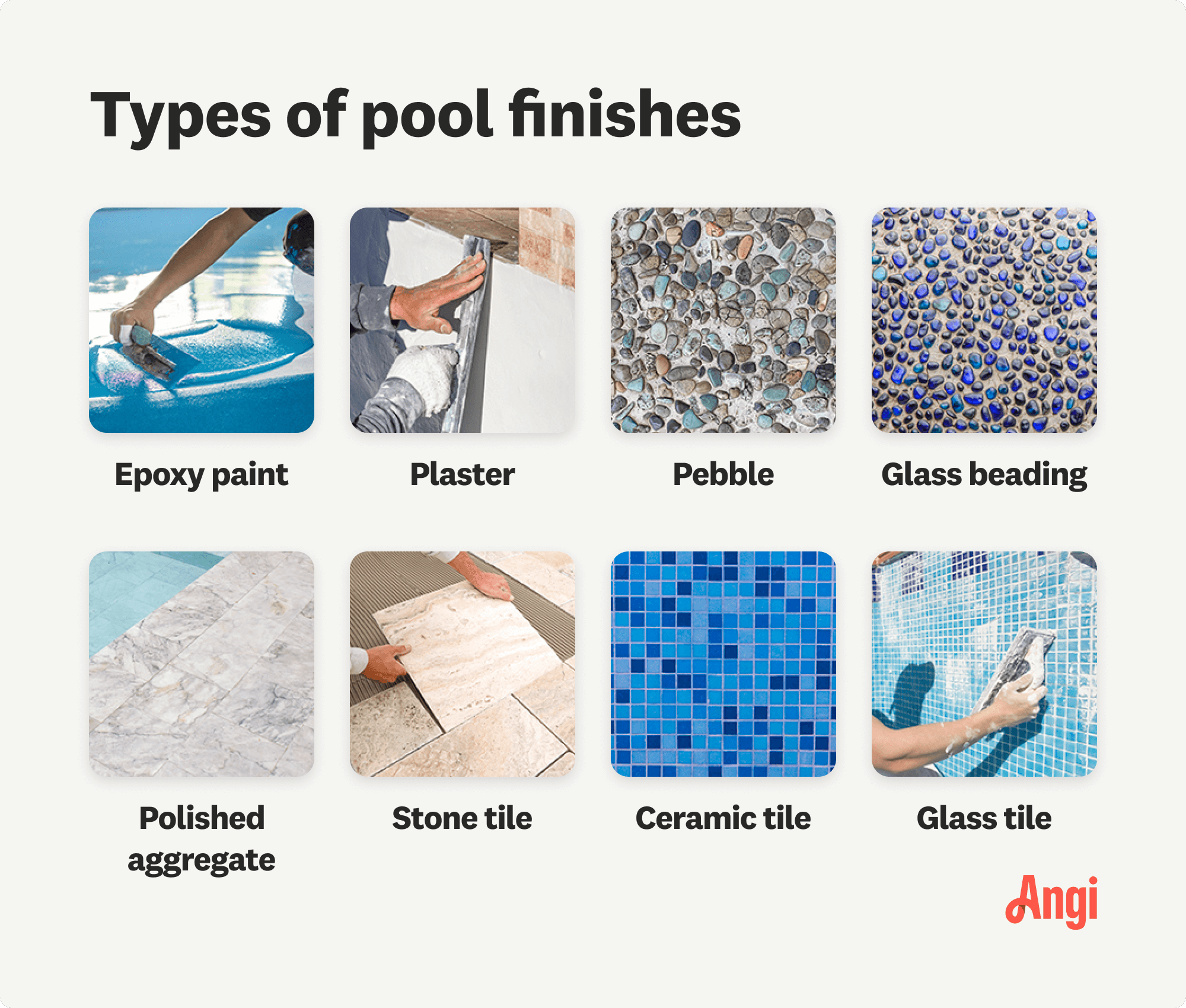 8 pool finish types visually compared, including epoxy paint, pebble, and ceramic tile