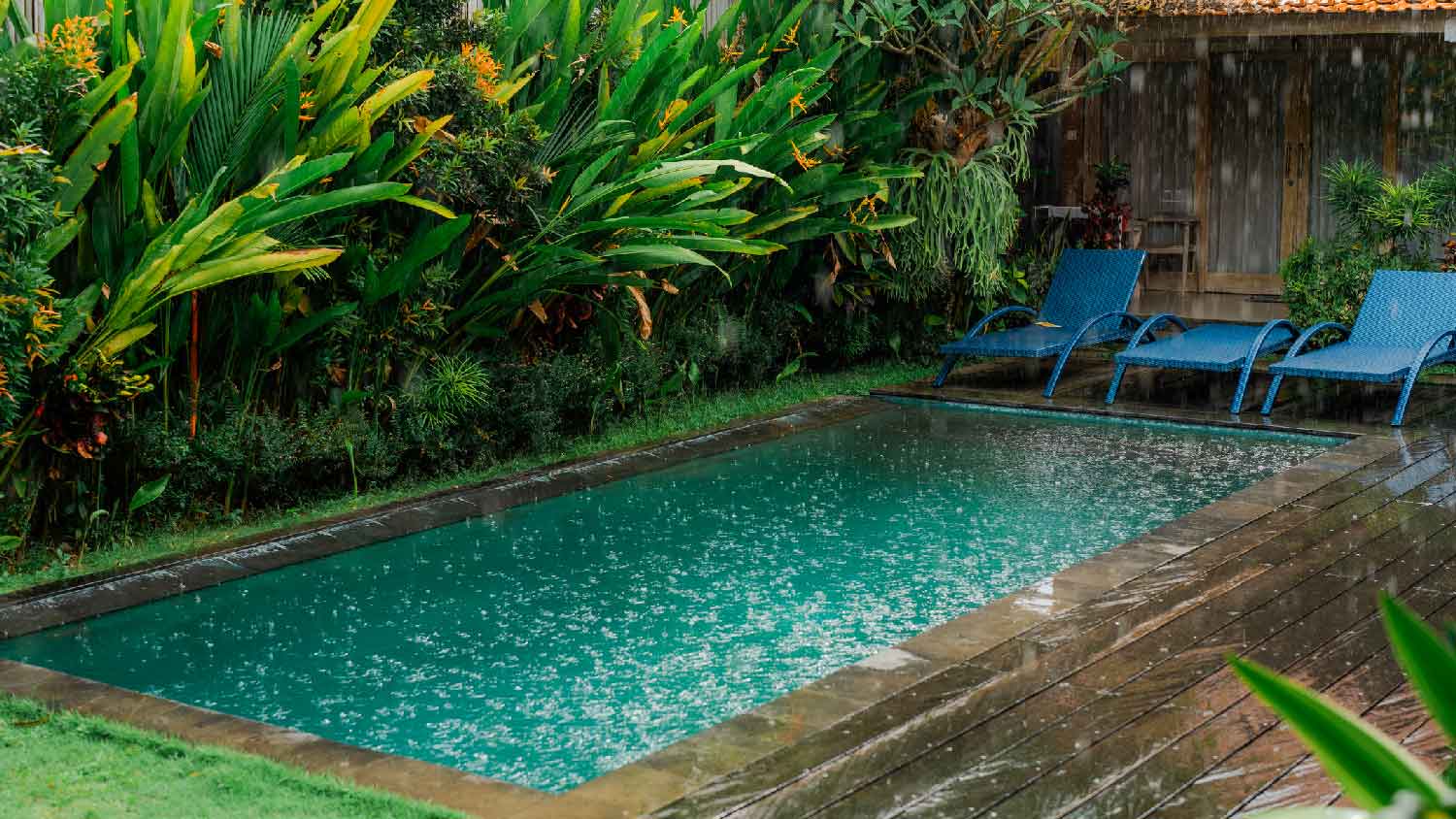 A swimming pool on a day with heavy rain