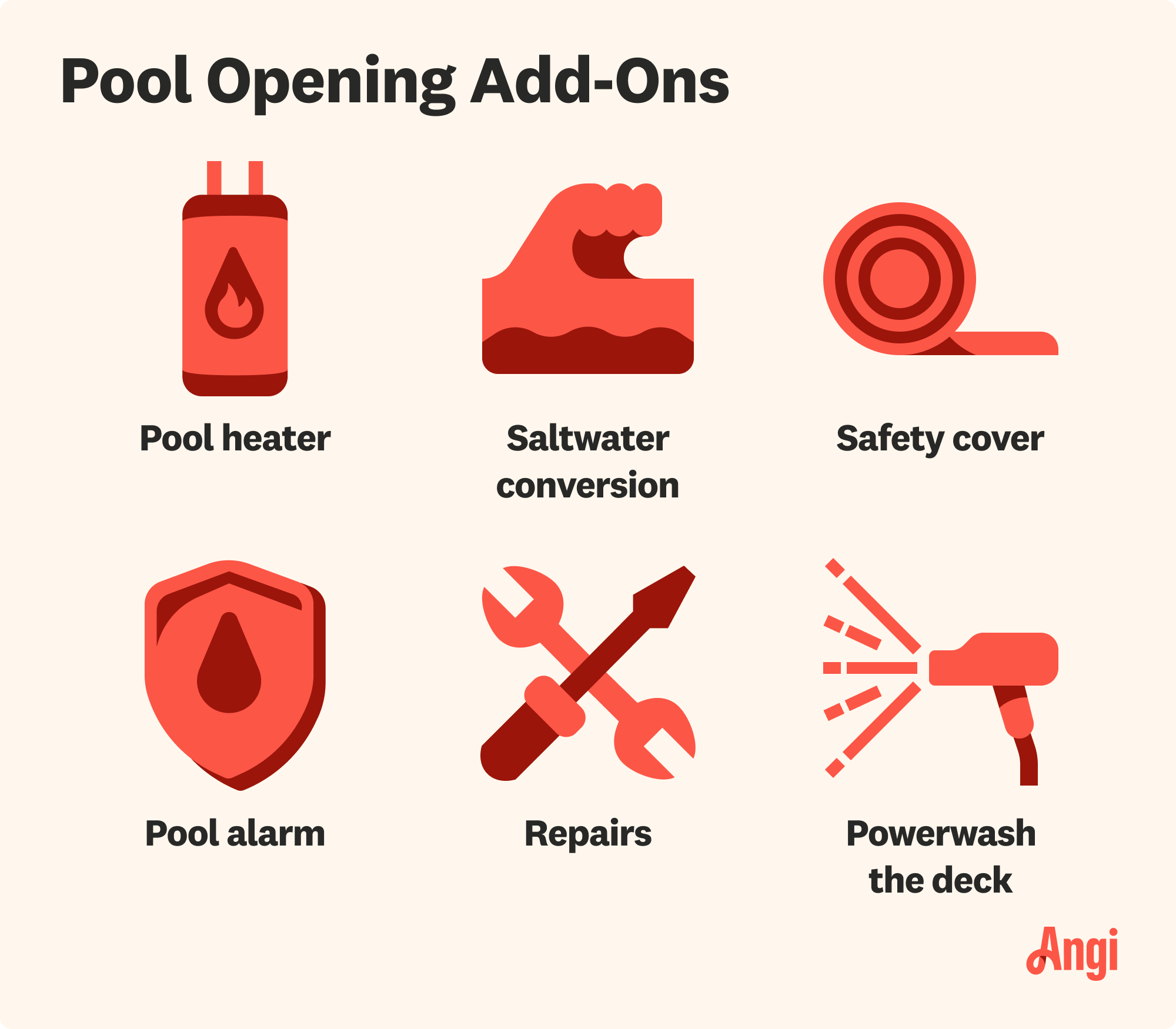 6 pool opening add-ons, including pool heater, safety cover, and pool alarm